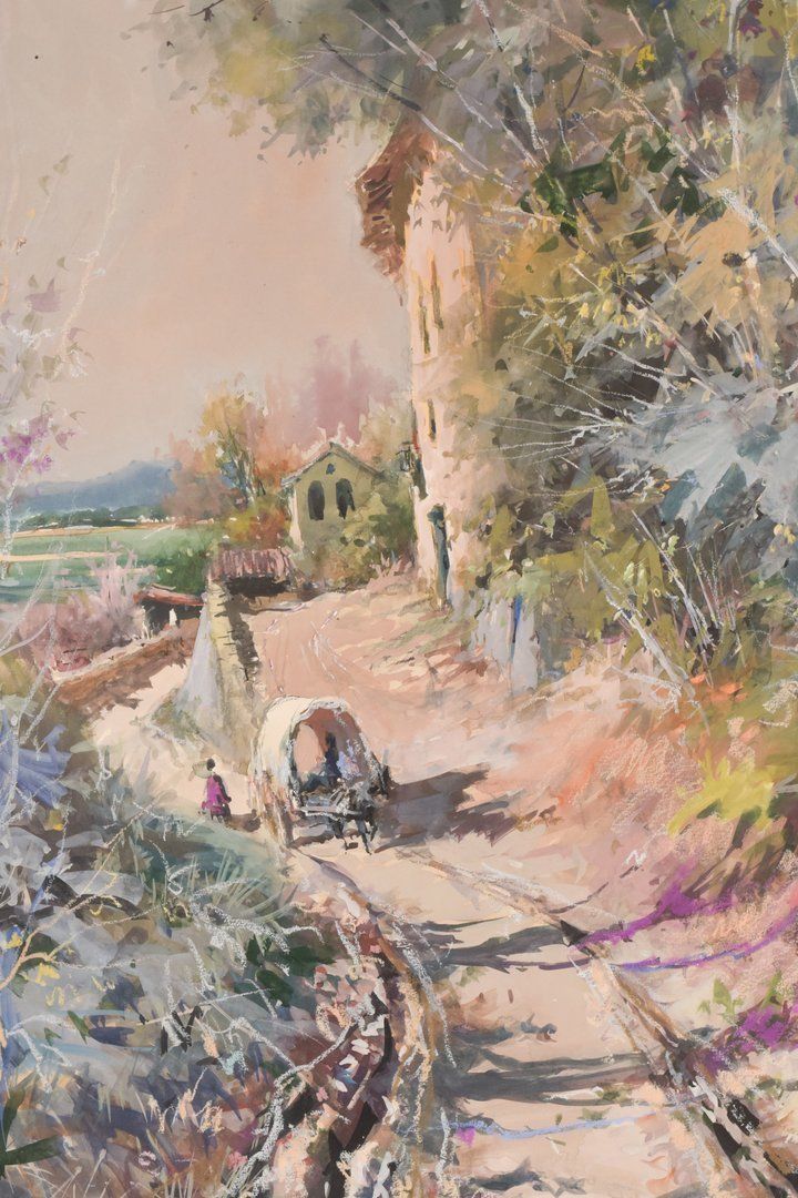 Juan De Palau Buixo – Groot Aquarellandschap Met Kar photo 916.0