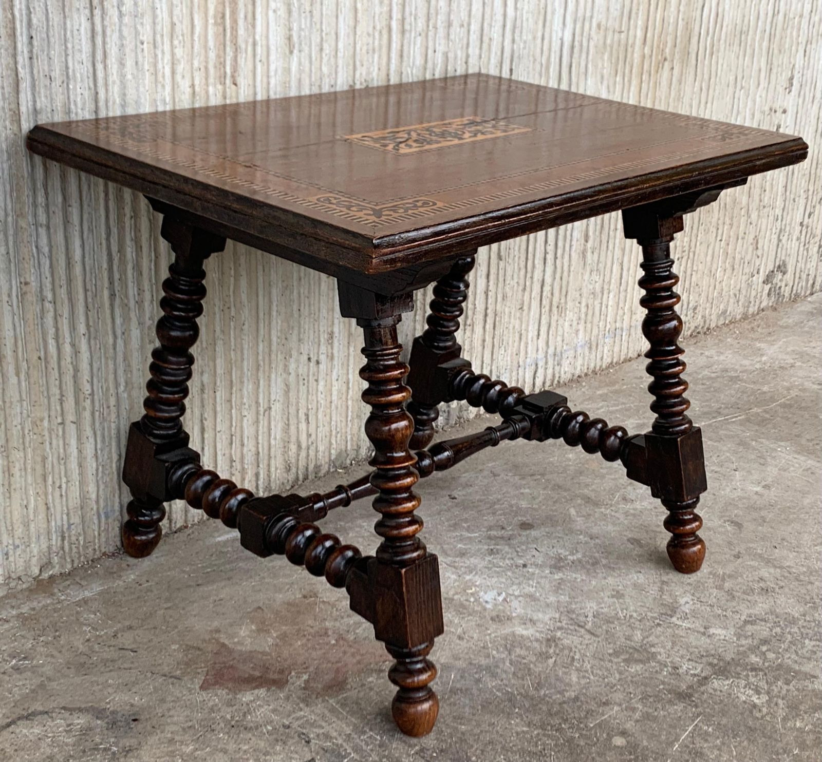 19th Century Baroque Spanish Side Table With Marquetry Top & Turned Legs photo Furniture