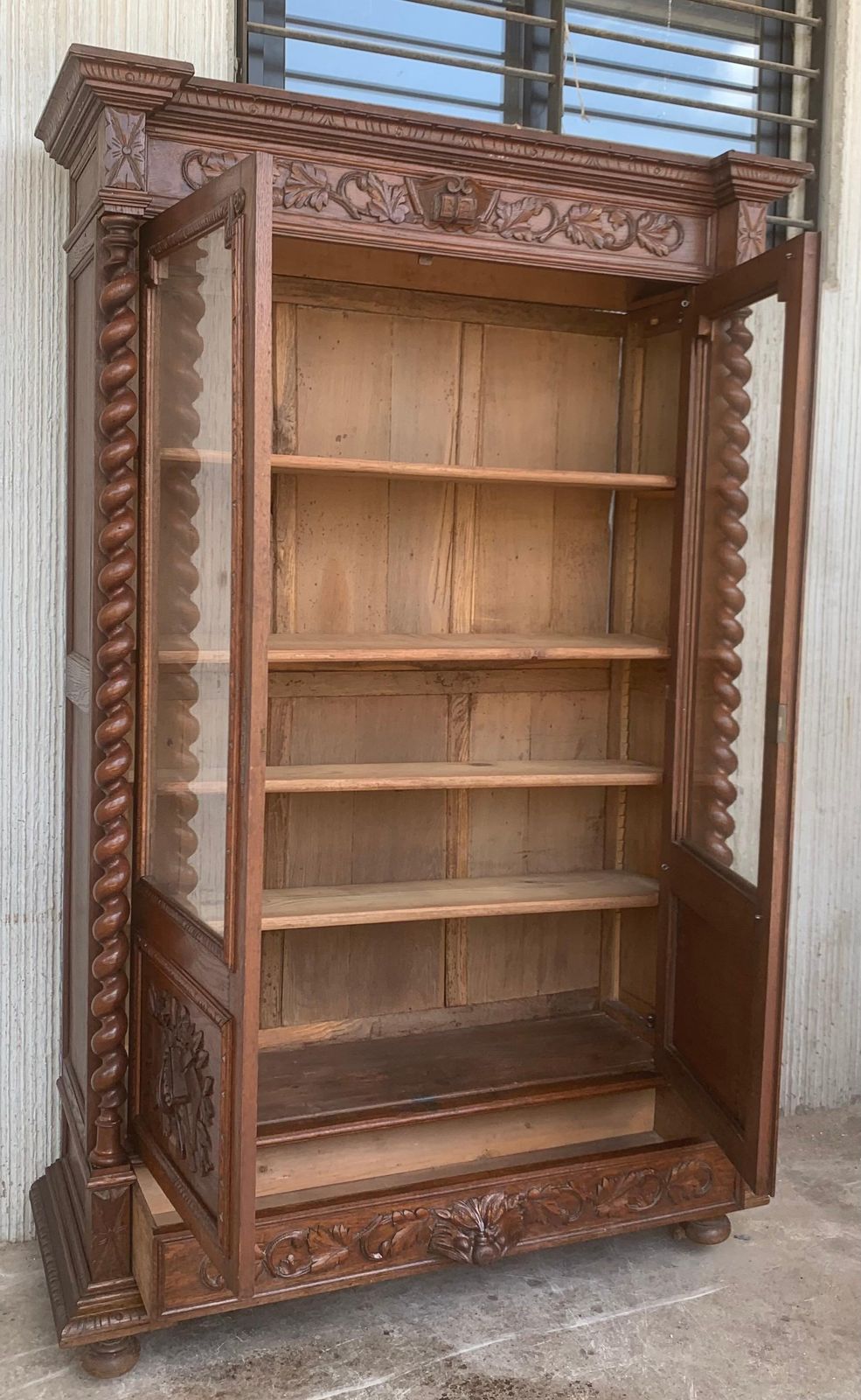 Antique French Carved Oak Vitrine Cabinet Bookcase Barley Twist Renaissance photo Furniture