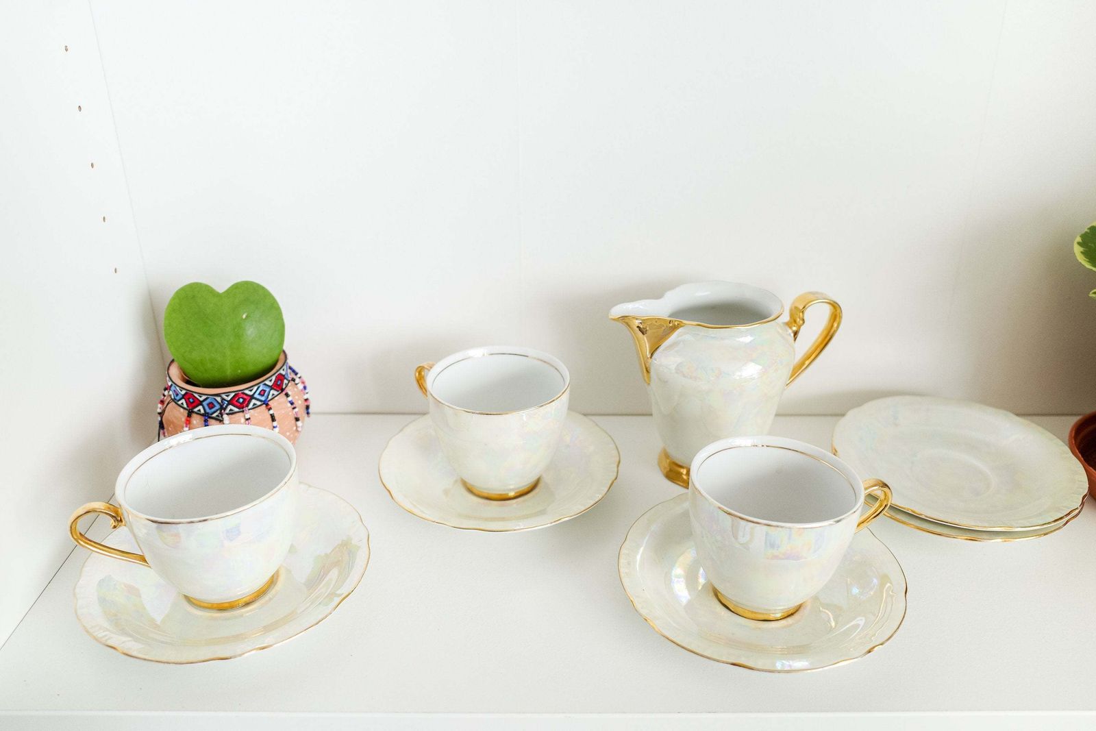 Mid Century Tea Or Coffee Set Pearlescent Lustreware With Gold Rims Set, Made In Czechoslovakia