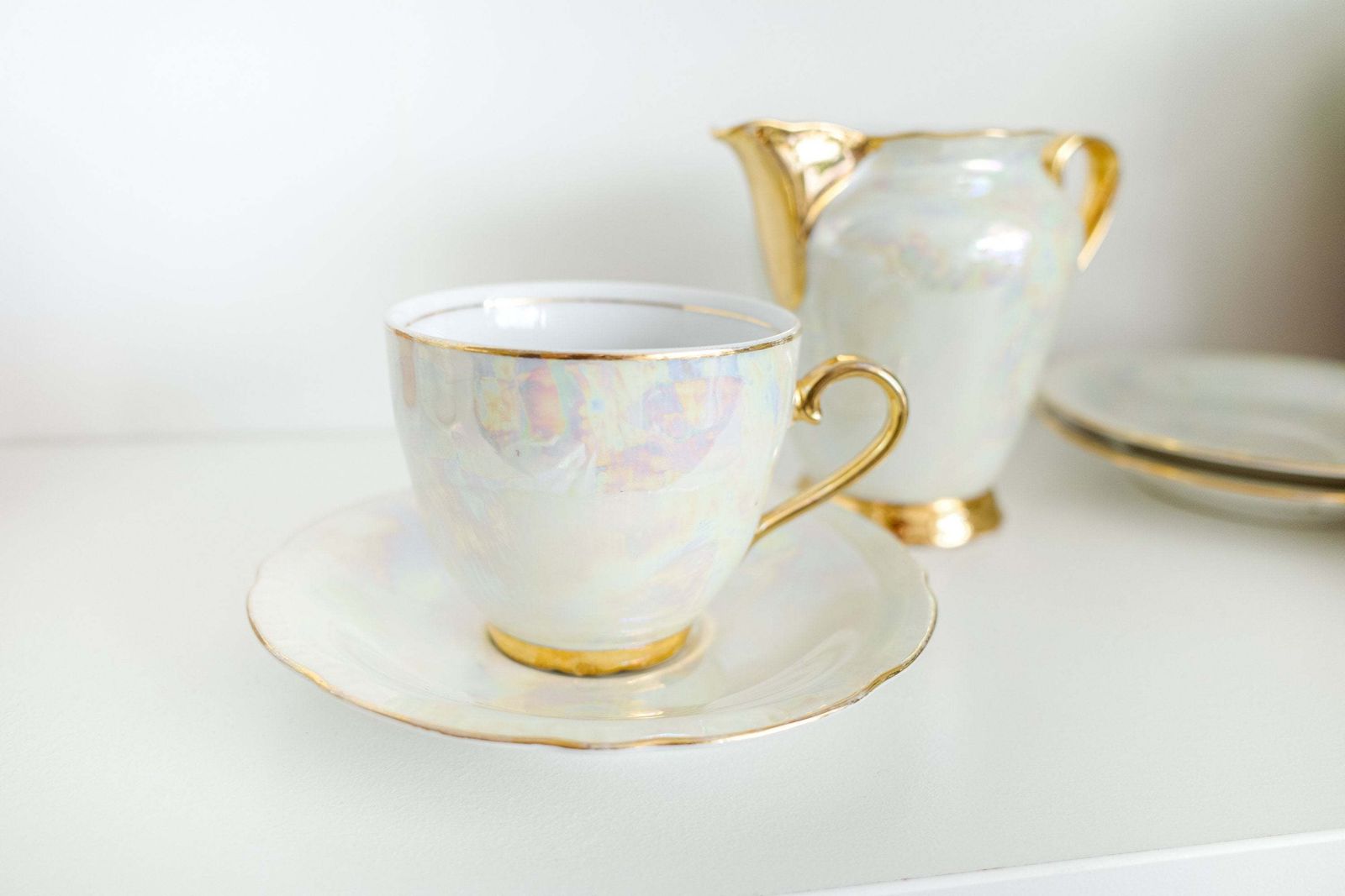 Mid Century Tea Or Coffee Set Pearlescent Lustreware With Gold Rims Set, Made In Czechoslovakia photo 100.0