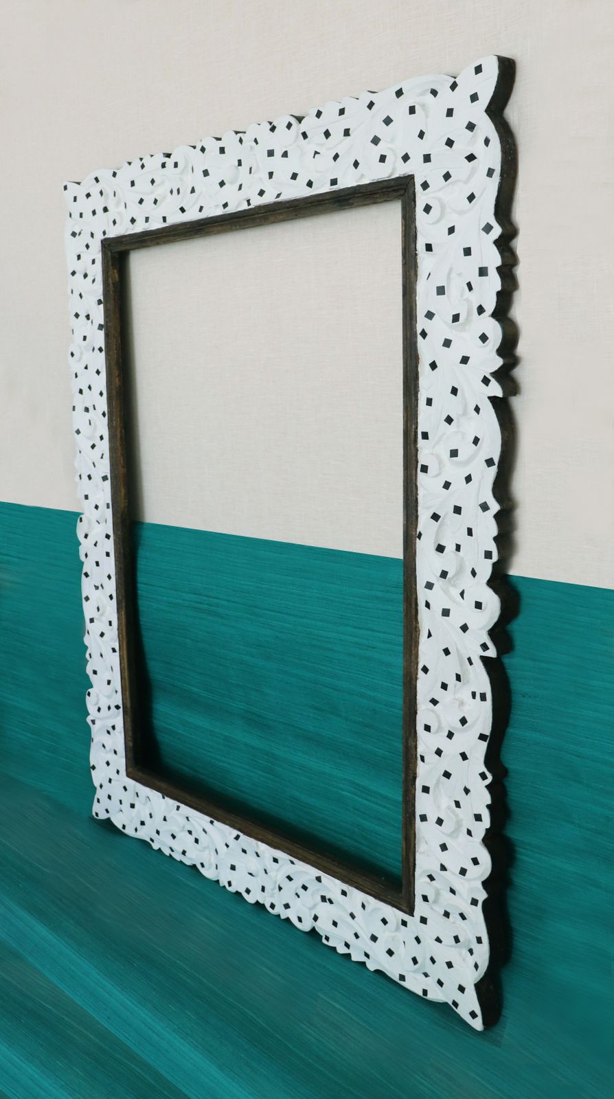 "Framed Confetti" Restyled Carved Wood Frame By Habitat Improver With White Paint And Black Paperboard Squared Confetti photo furniture