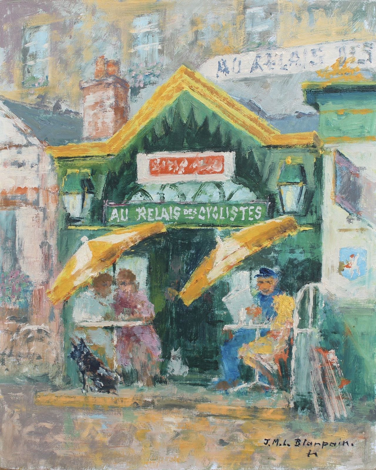 'The Cyclists Rest Stop In Honfleur' By Jean Marie Blanpain (Circa 1970s) photo furniture