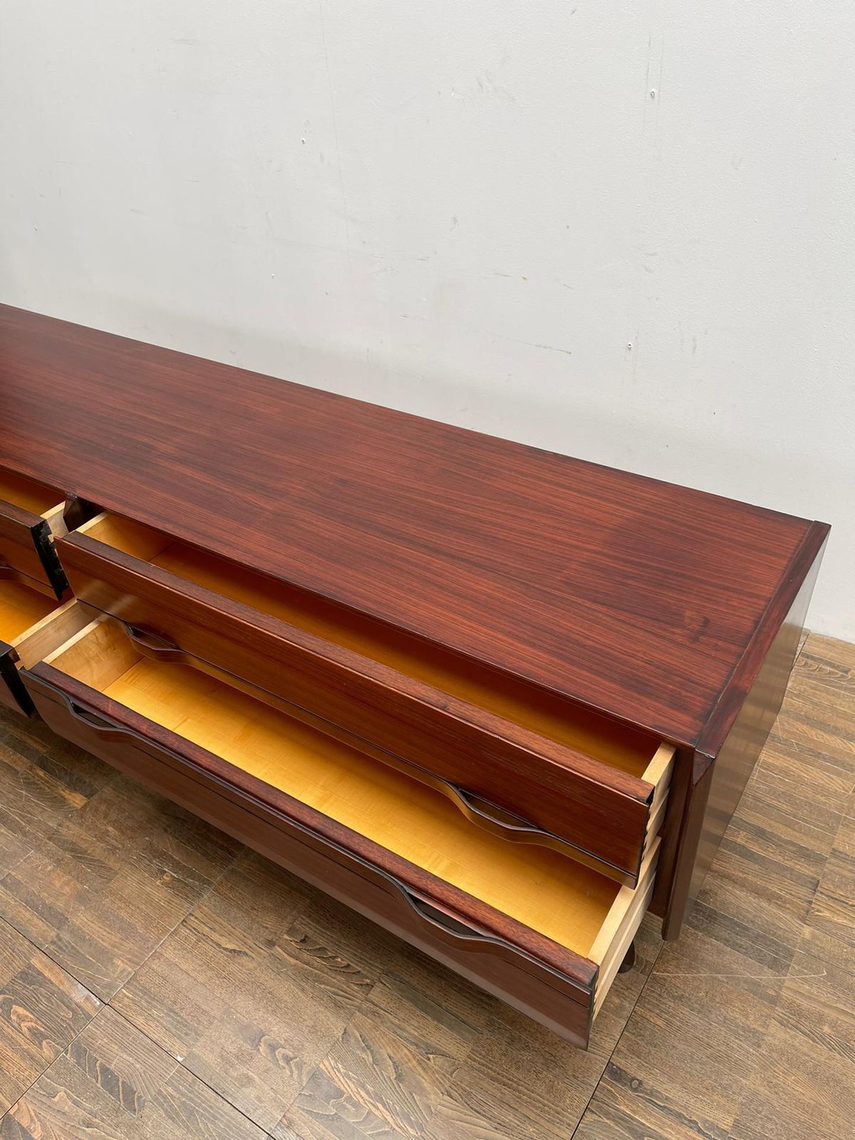 Mid Century Modern Italian Low Wooden Credenza, With Four Drawers photo buy