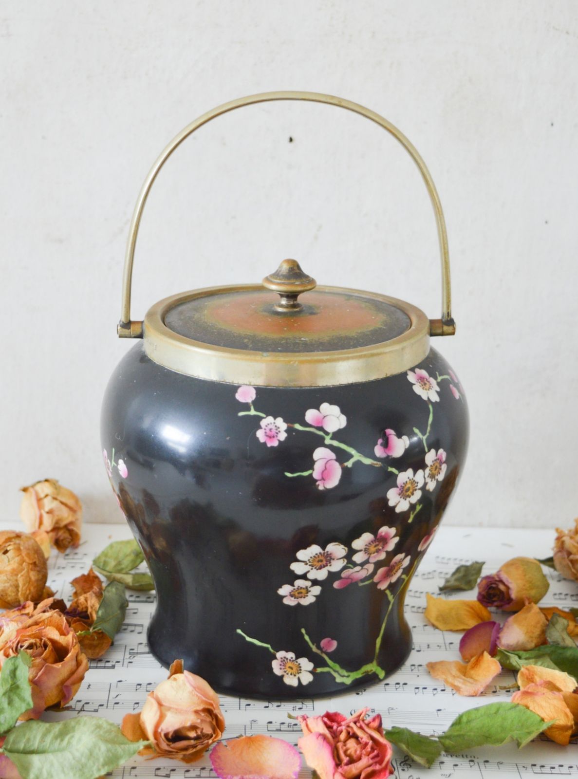Rare Antique Preserve Jar, Rialto Ware British Art Pottery Co Fenton, Hand Painted Ceramics, Silver Hallmarked Rim, Lid & Handle photo for sale