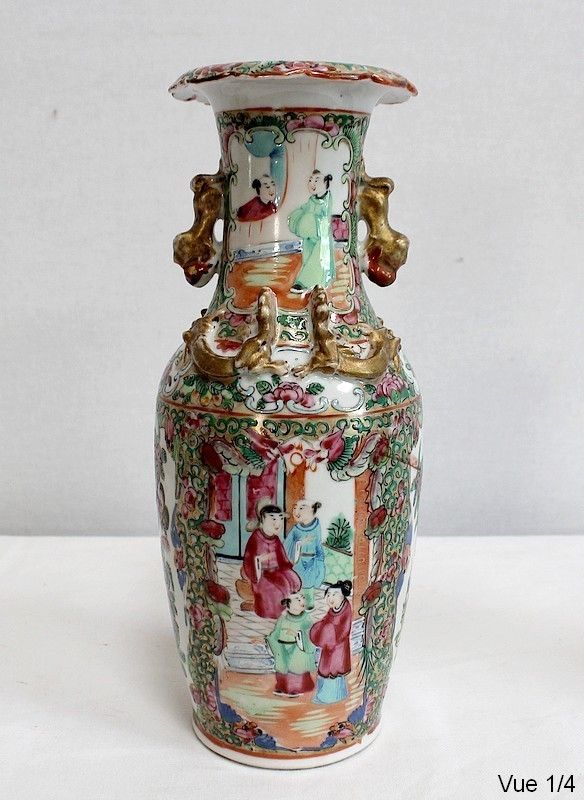 Pair Of Canton Porcelain Vases, China, Late 19th Century photo vintage