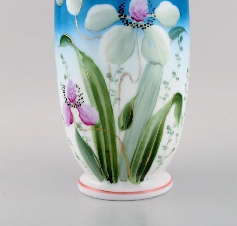 Antique Vase In Mouth Blown Opal Art Glass With Hand Painted Flowers And Foliage photo Home Decor