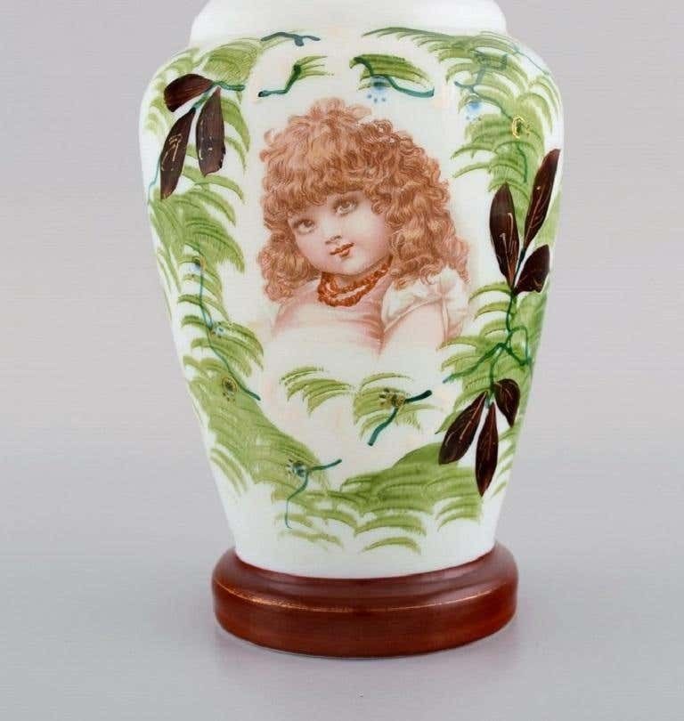 Antique Vase In Mouth Blown Opal Art Glass With A Motif Of Young Woman photo Home Decor