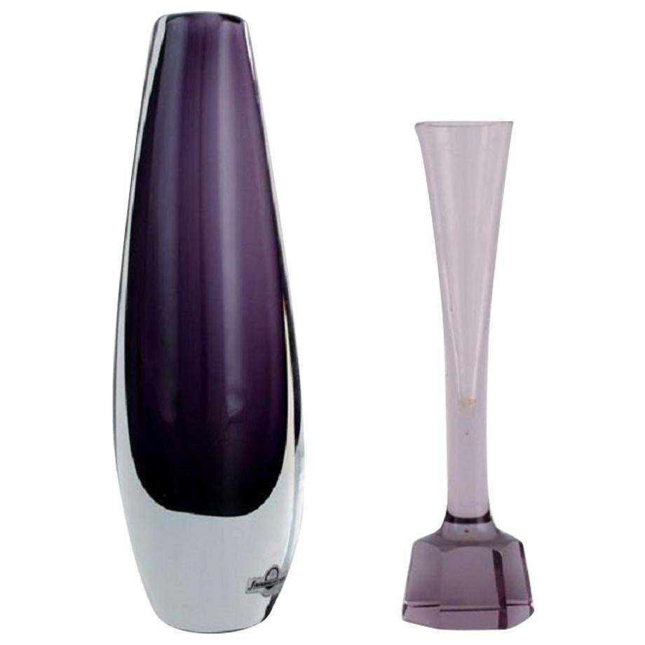 Strömbergshyttan, Sweden, Two Vases In Purple Mouth Blown Art Glass, 1960s / 70s