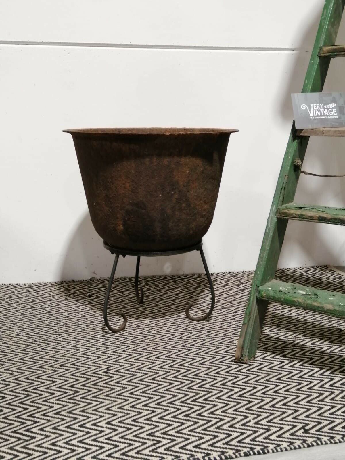 Antique Large Cast Iron Cauldron Planter On Stand Garden Architectural photo vintage
