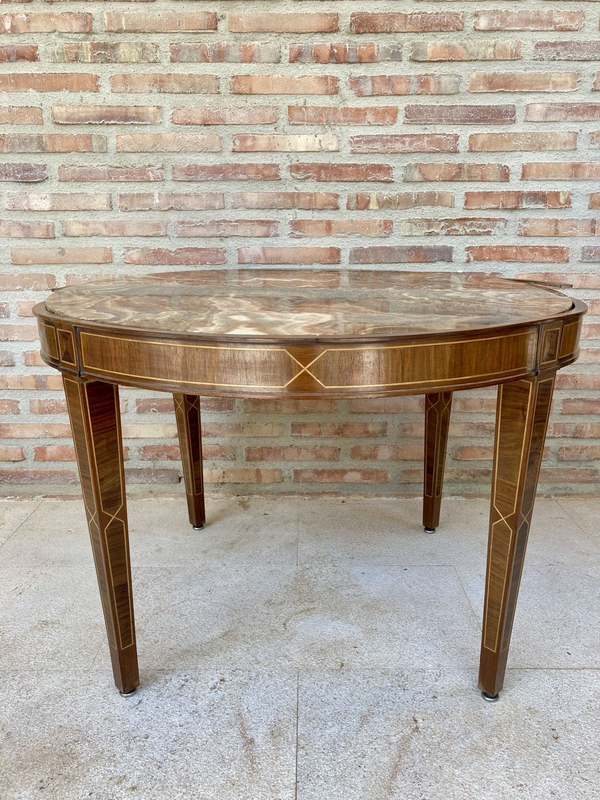Circular Side Table In Wood With Lemongrass Marquetry Fillets And Agate Lid photo vintage