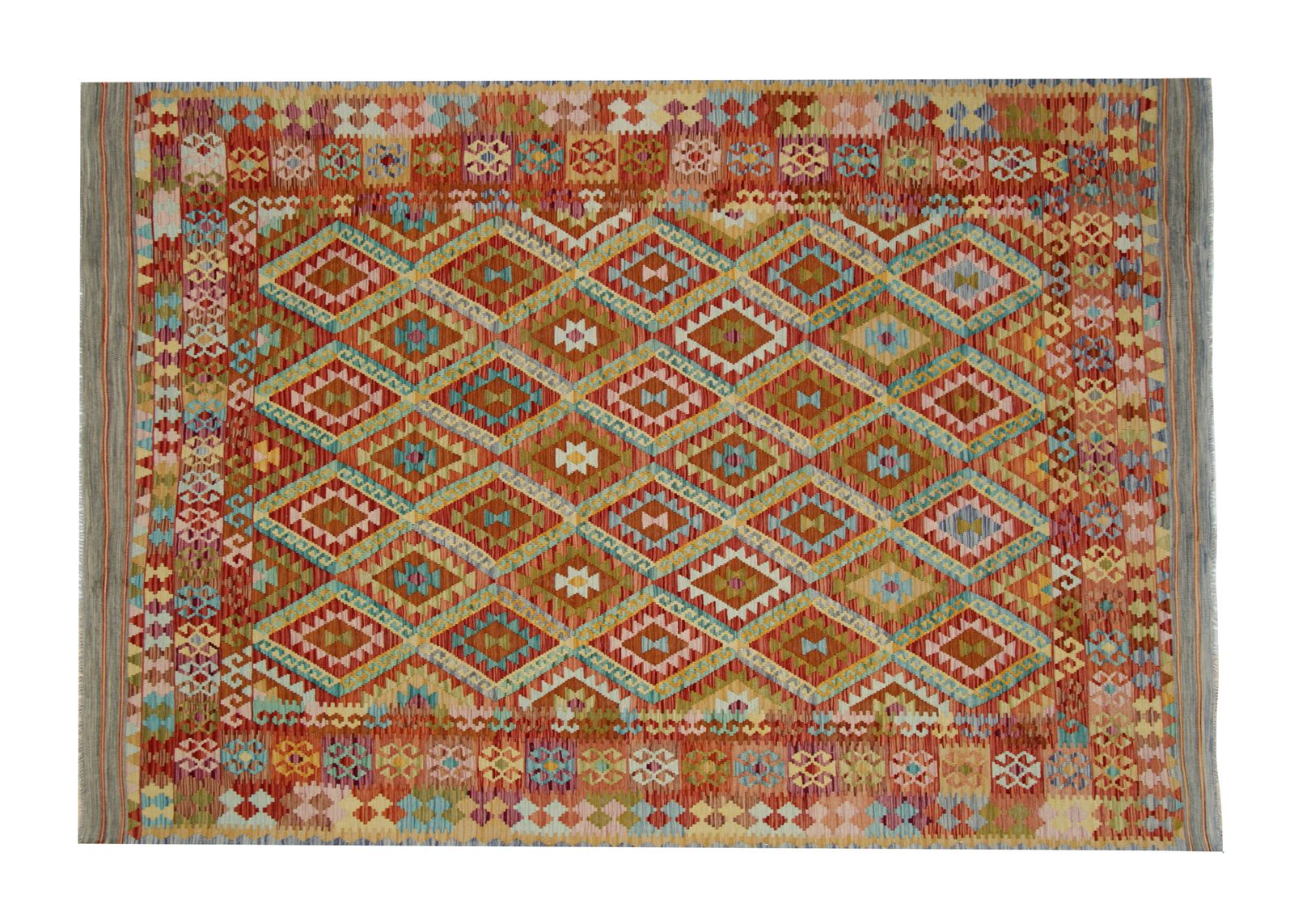 Vibrant Handmade Carpet Kilim Rug, Rust Traditional Geometric Kilim   204x297cm photo buy