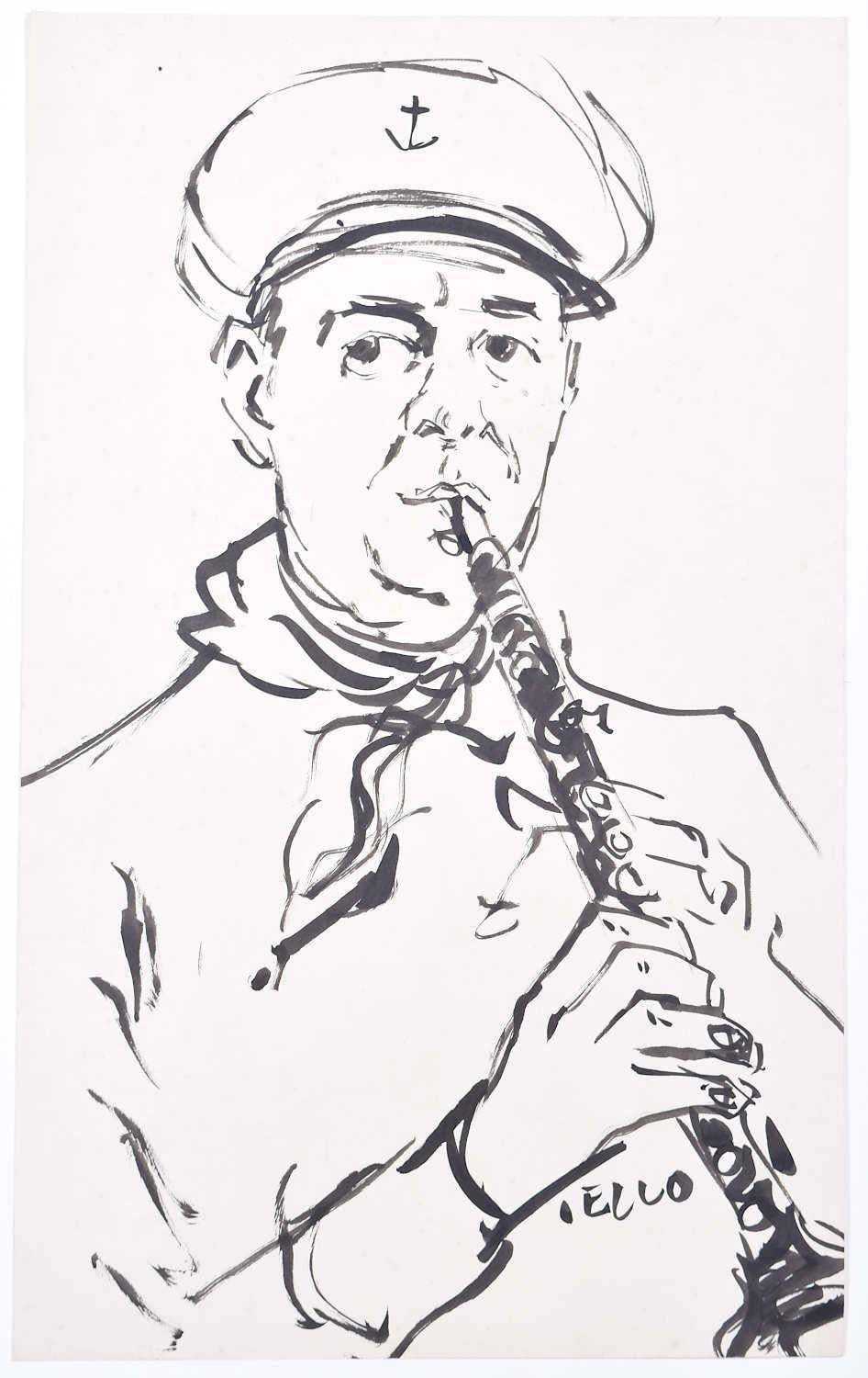 Peter Collins, 'Royal Naval Bandsman'  Pen And Ink Sketch Clarinet C.1980s