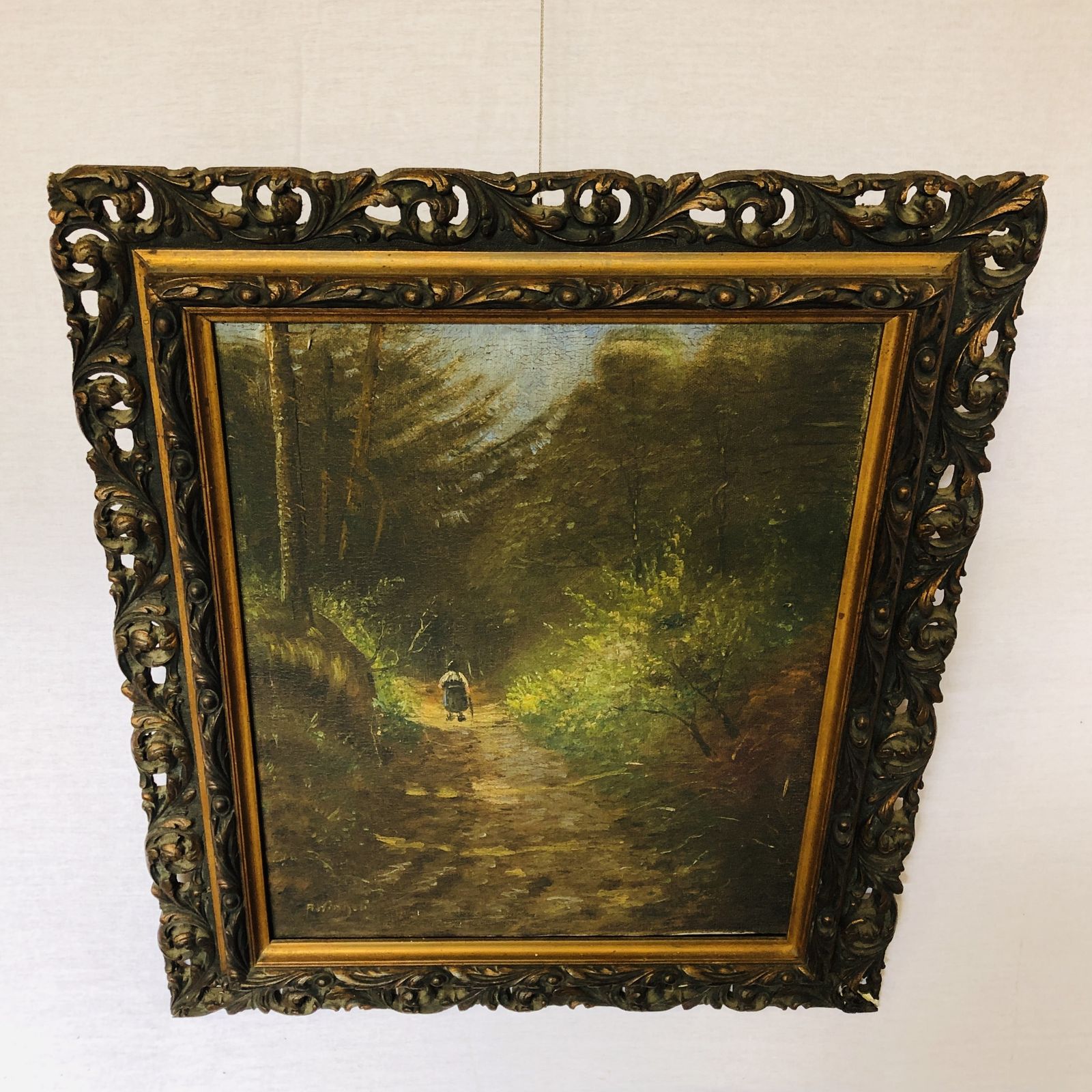 Antique Gilt Gesso Framed Oil On Canvas Signed Painting photo for sale