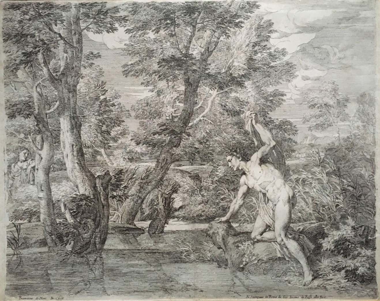 Franciscus De Neve Pair Of Engravings: Landscape With Shepherdess/Echo & Narcissus 17th Century photo furniture