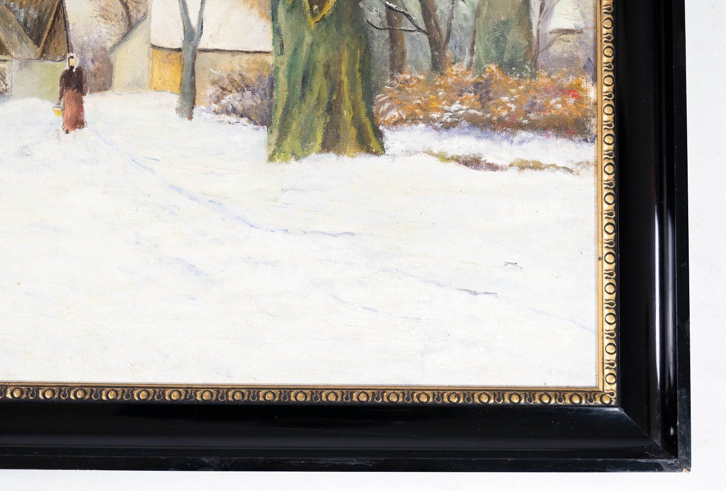 Oil Painting With Winter Motif And Black Painted Frame, Without Signature From Around 1910. photo furniture