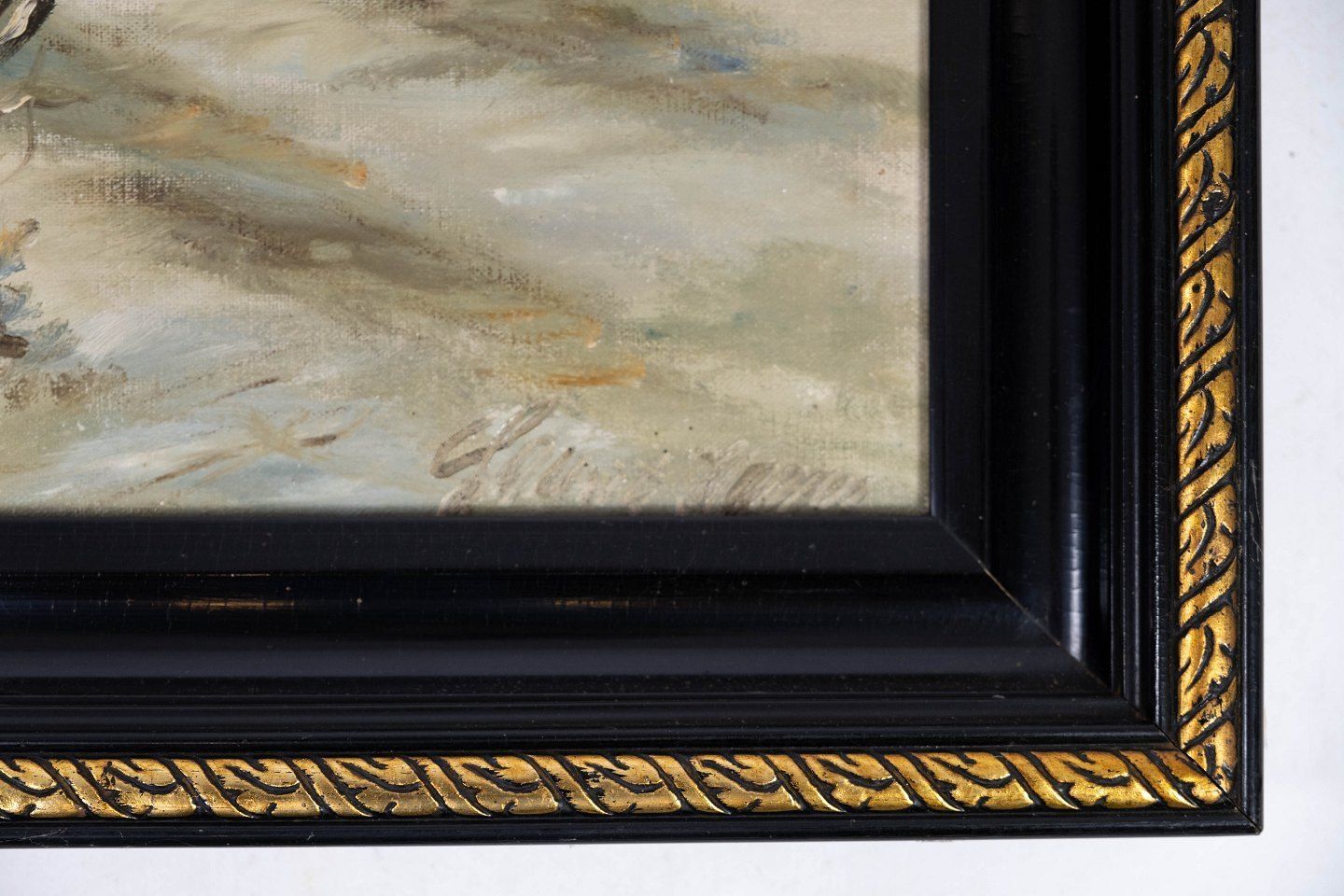 Oil Painting With Winter Motif And Black Painted Frame, With Unknown Signature From The 1920s. photo for sale