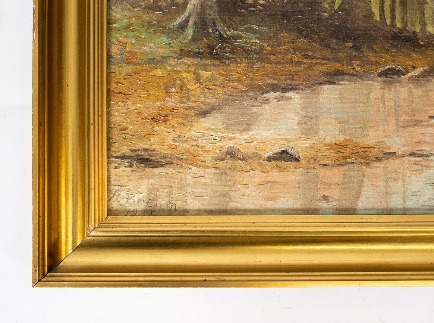 Oil Painting With Motif Forest In Autumn And Gilded Frame. From The 1920s. photo furniture