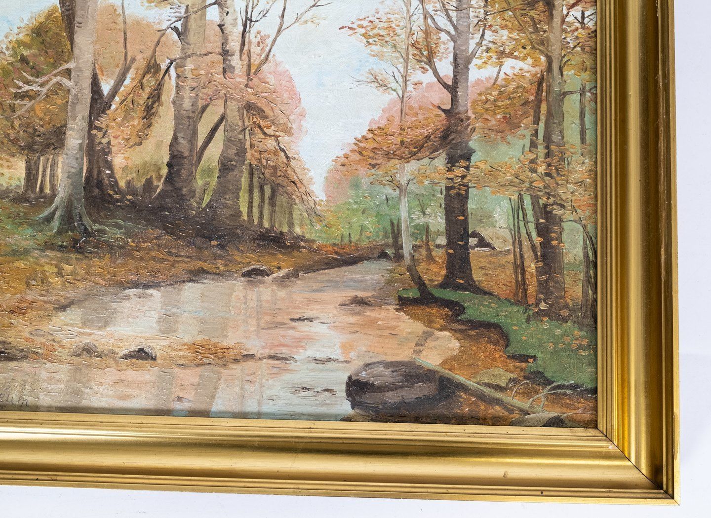 Oil Painting With Motif Forest In Autumn And Gilded Frame. From The 1920s. photo for sale
