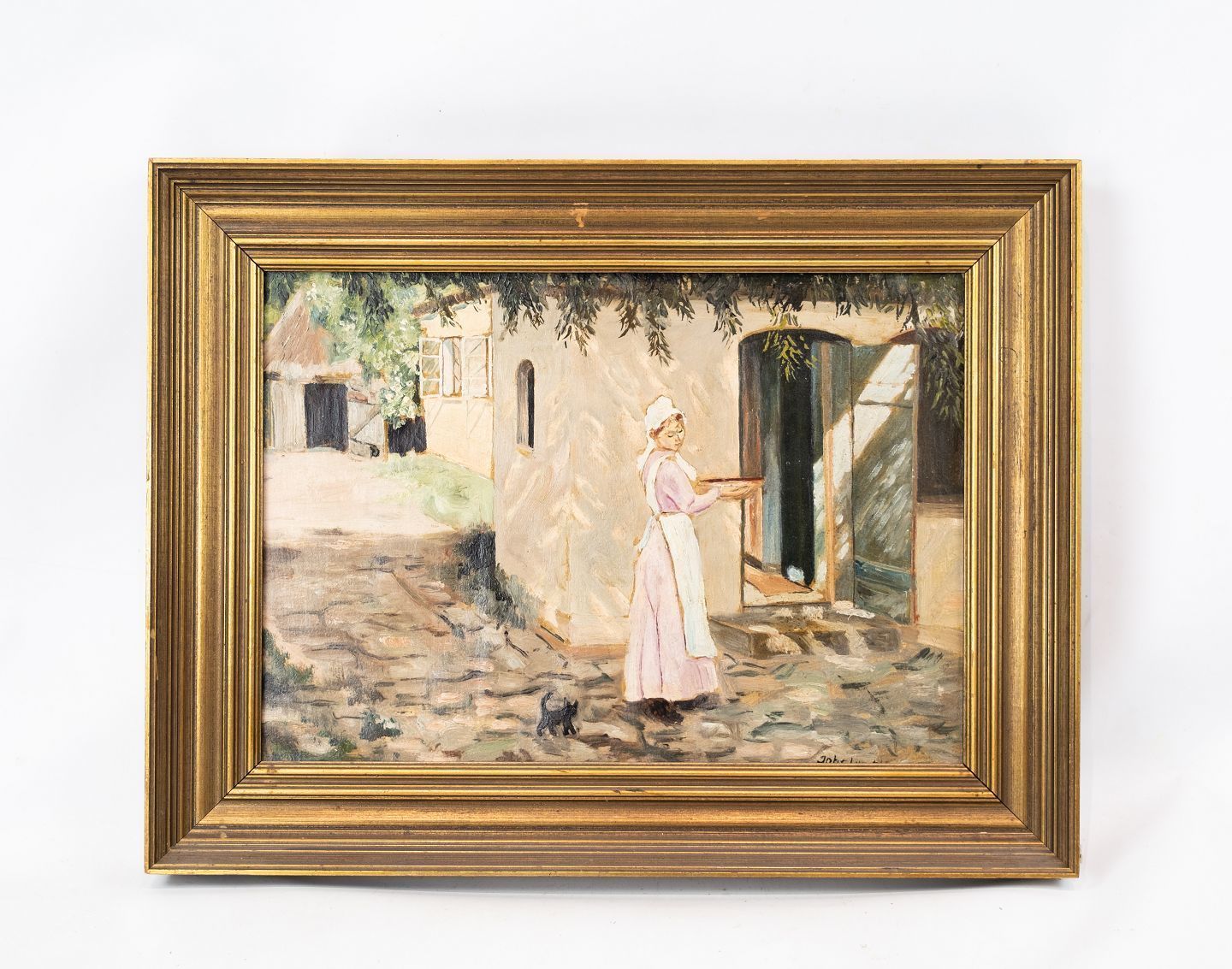 Oil Painting With Village Motif And With Golden Frame.