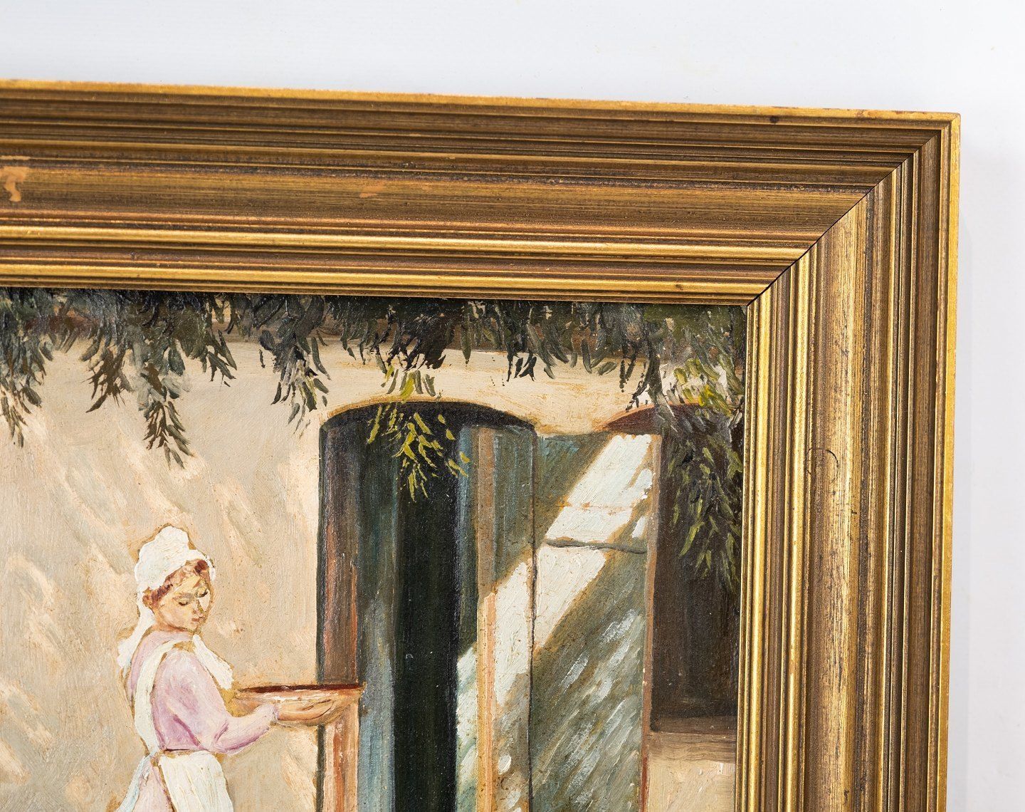 Oil Painting With Village Motif And With Golden Frame. photo Art