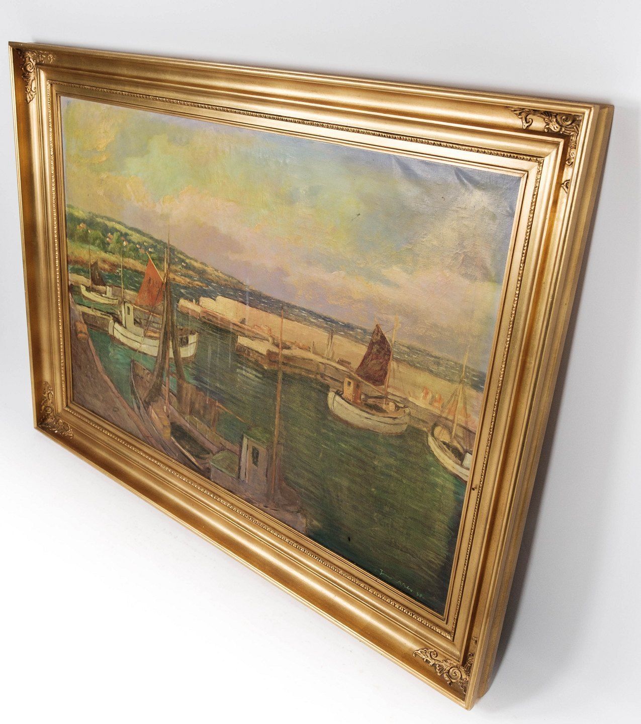 Oil Painting With Marine Motif With Gilded Frame By Jens Aabo From 1958 Framed By Kleis Vesterbro. photo Art