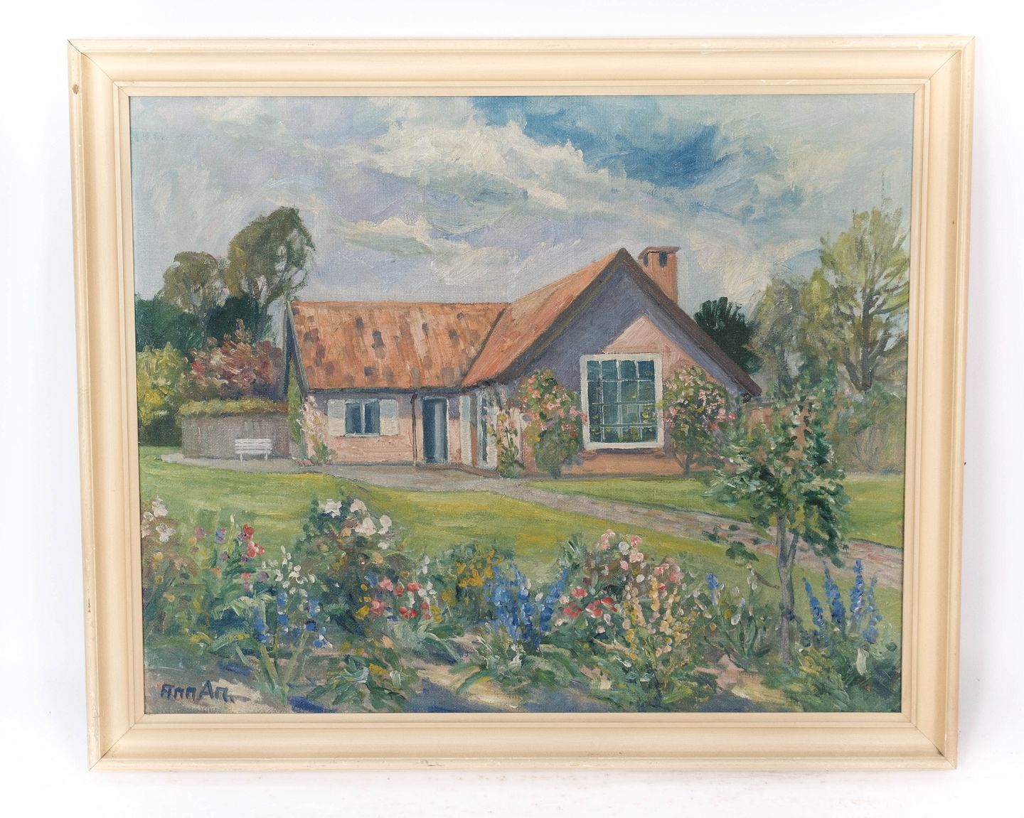 Oil Painting With Motif Of House And Light Frame From Around 1920.