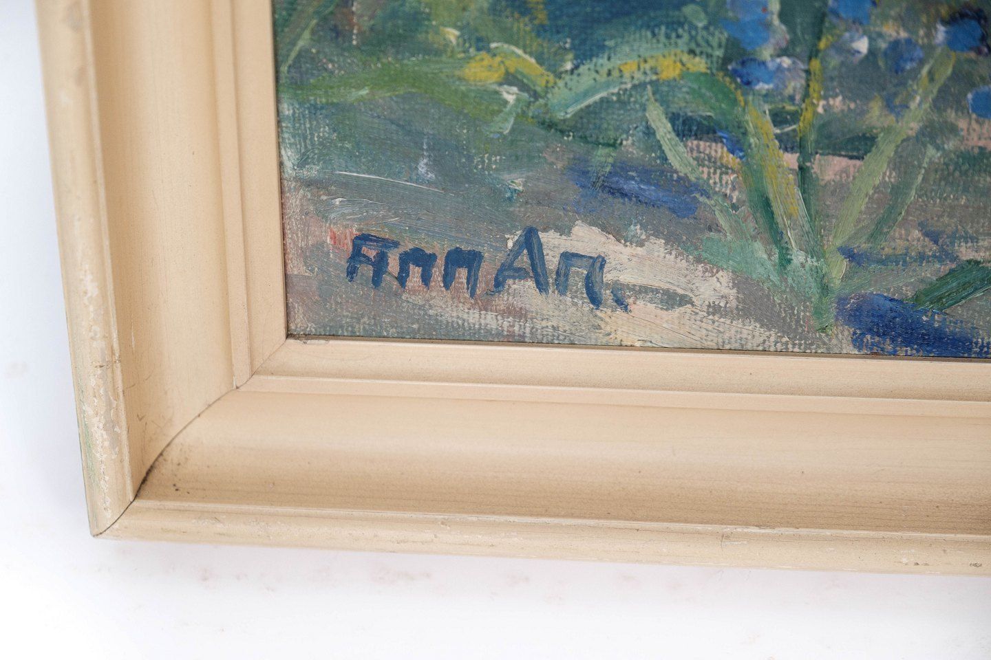 Oil Painting With Motif Of House And Light Frame From Around 1920. photo for sale