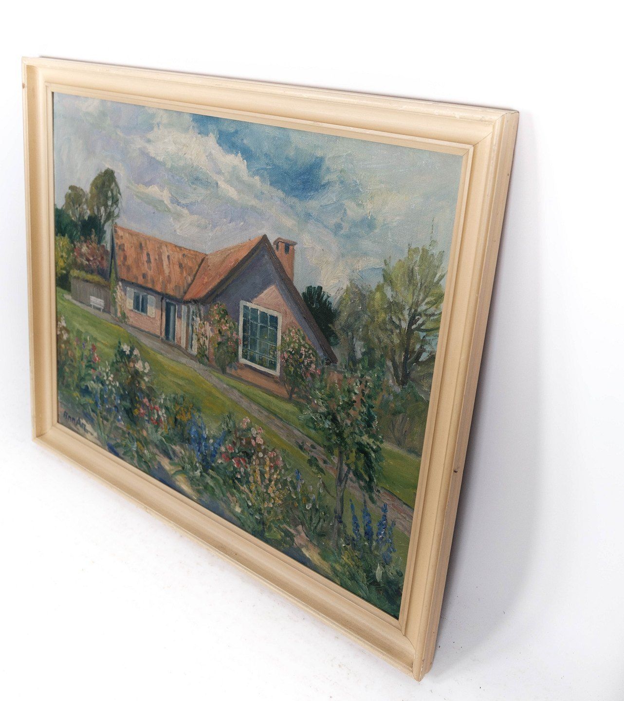 Oil Painting With Motif Of House And Light Frame From Around 1920. photo Art