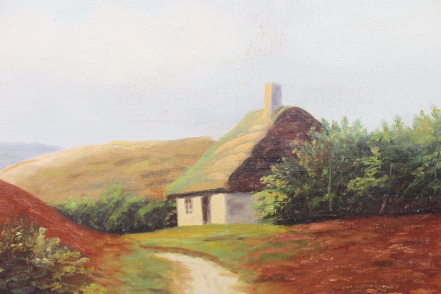 Oil Painting In Warm Colors With Motif Of Fields And Thatched House With Gilded Frame. photo furniture