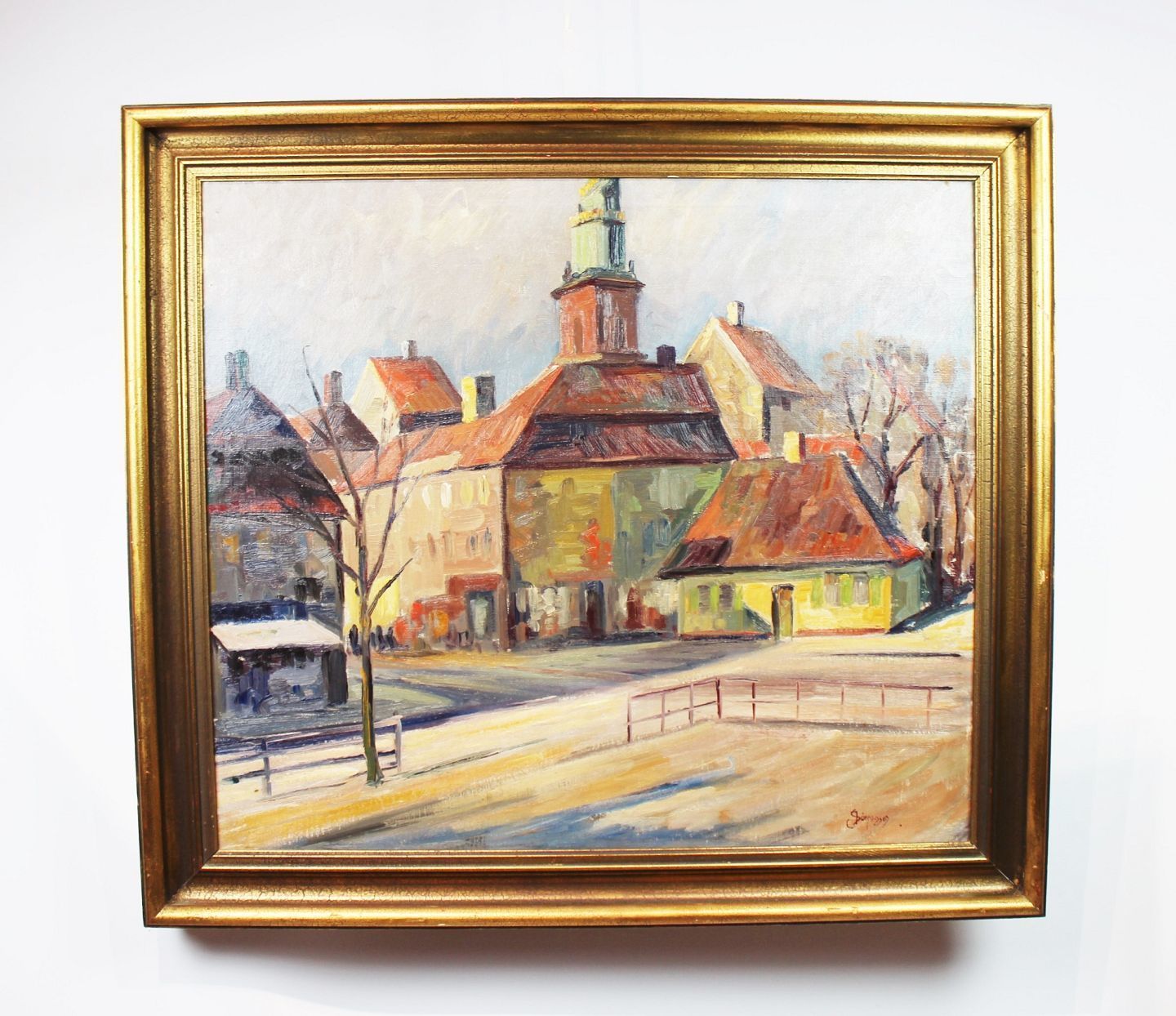 Large Oil Painting With Village Motif With Unknown Signature From 1958.