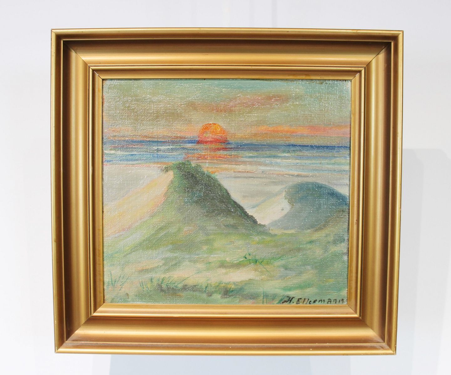 Painting With Motif Of Sunset And With Gold Frame Signed H. Ellemann.