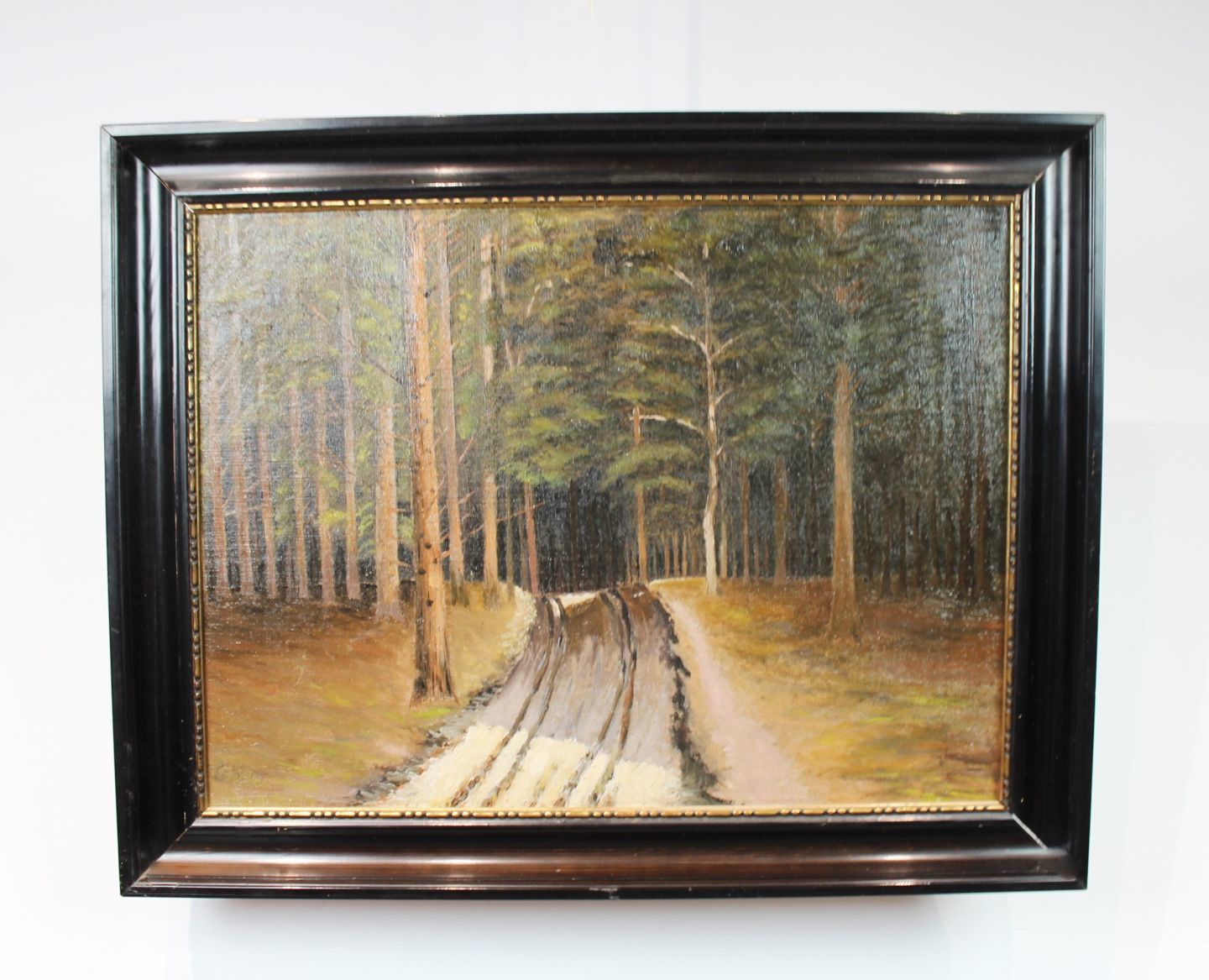 Oil Painting With Forest Motif And Black Frame From 1997 With Unknown Signature.