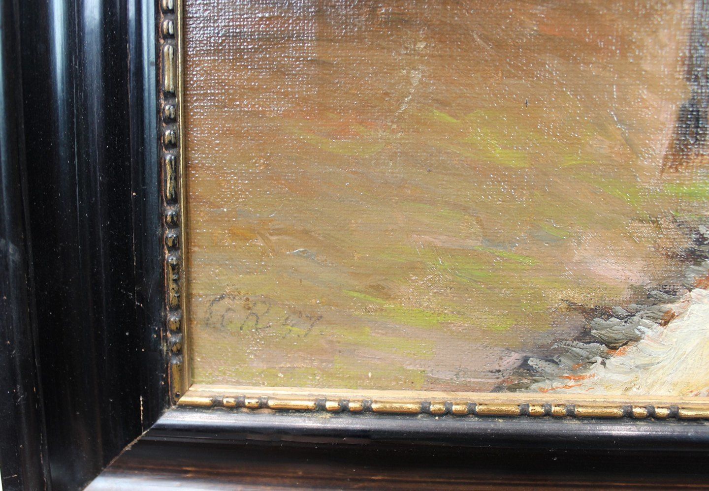 Oil Painting With Forest Motif And Black Frame From 1997 With Unknown Signature. photo for sale