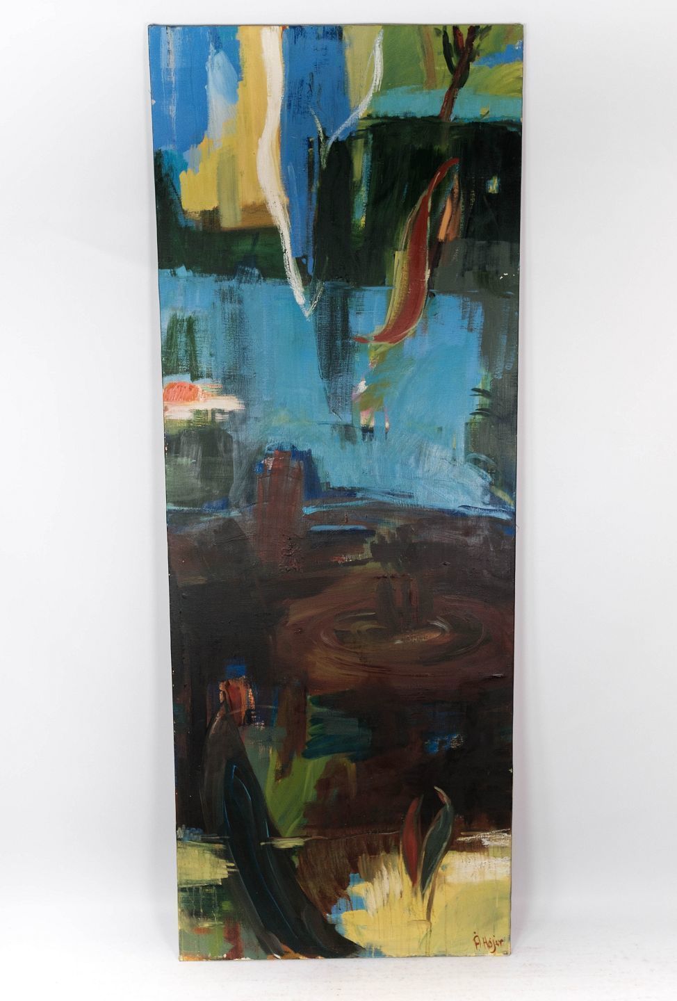 Tall Oil Painting On Canvas In Dark Colors By The Danish Artist åse Højer, B. 1952.