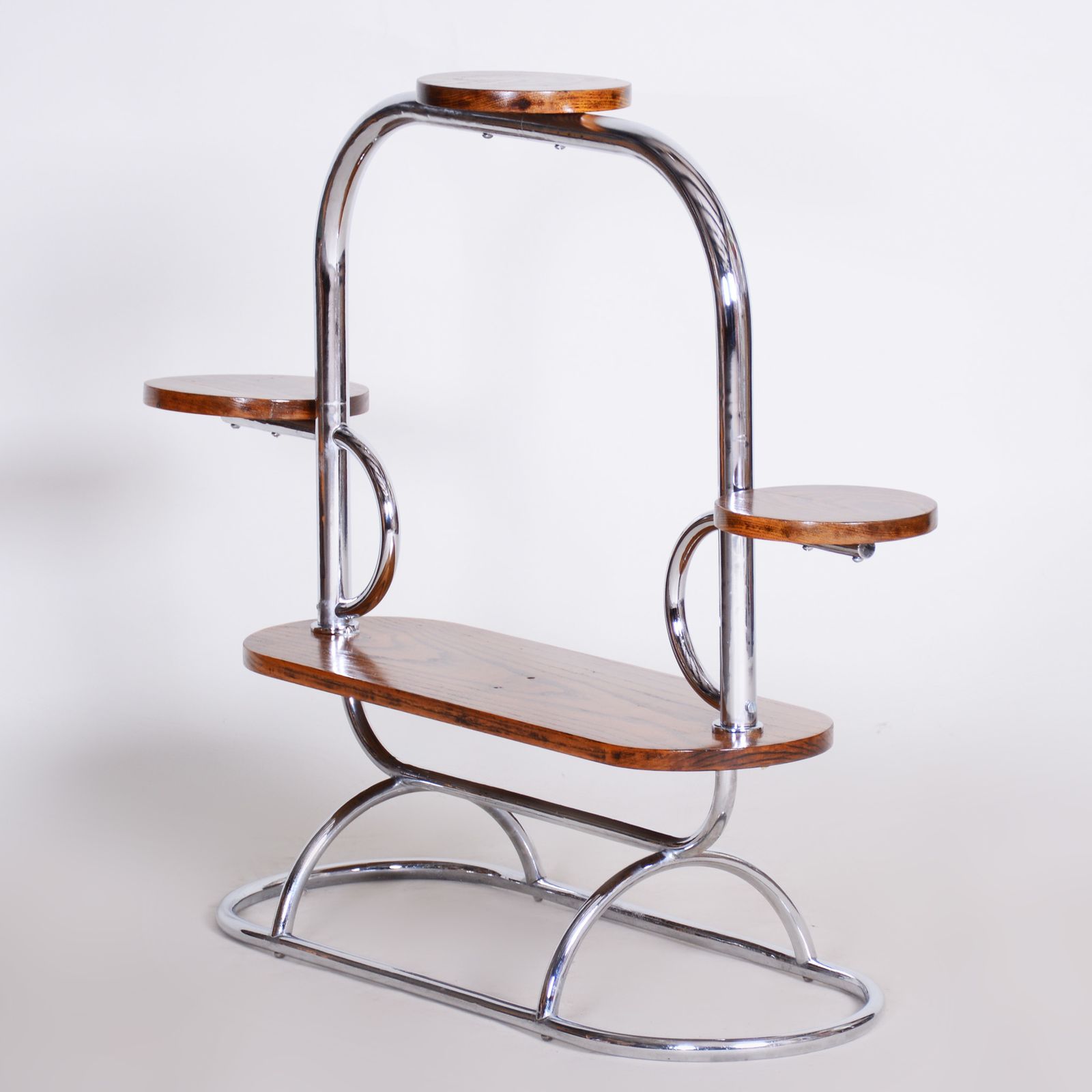 Czech Bauhaus Chrome Flower Stand Made Out Of Oak, Lacquered, 1930s