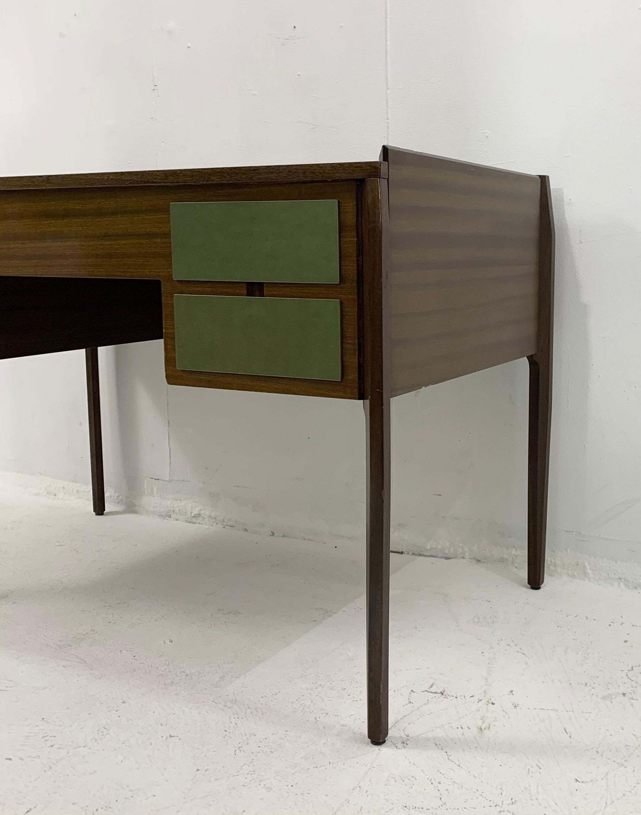 Mid Century Modern Wooden Italian Desk With 4 Green Drawers photo vinterior