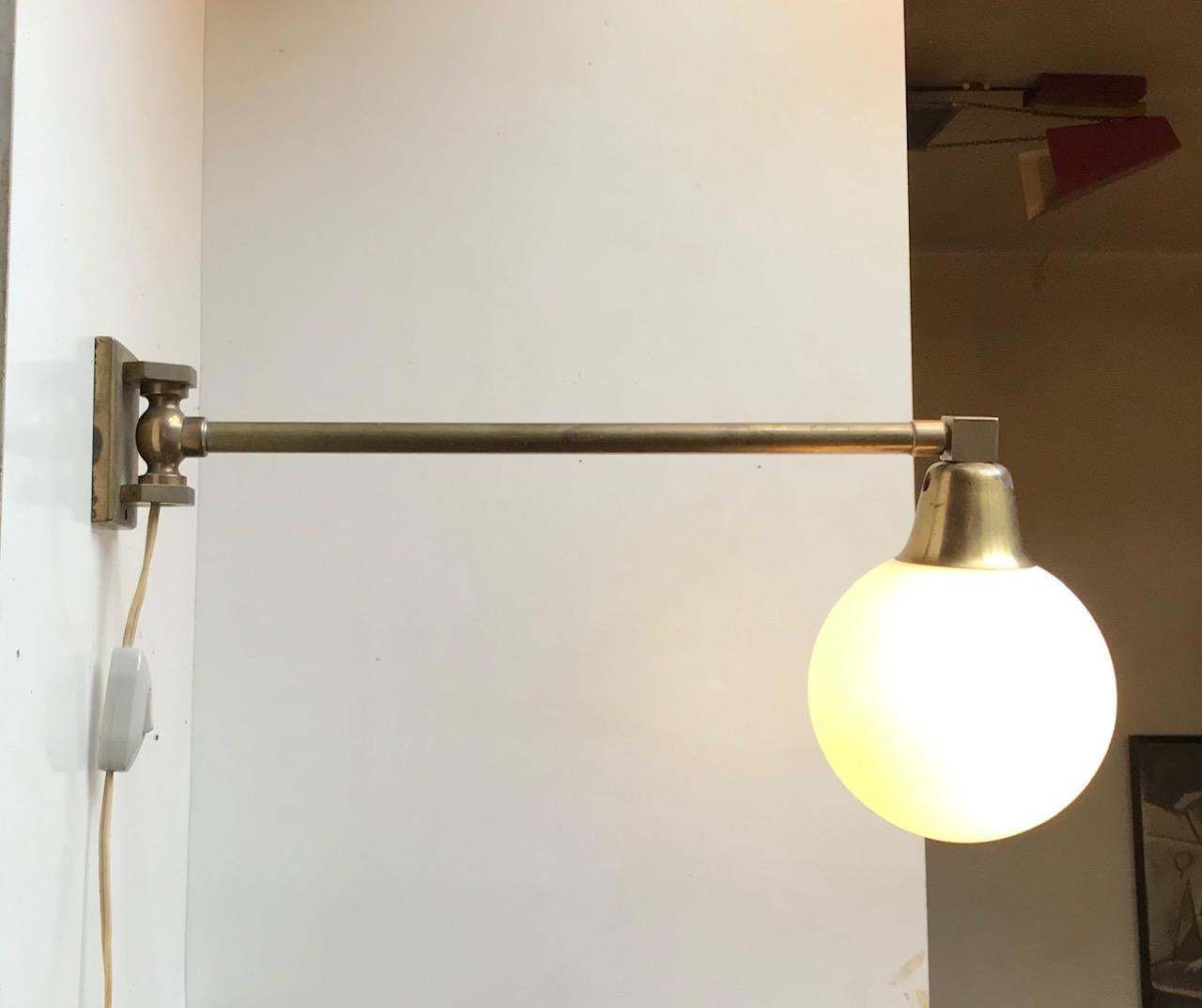 Scandinavian Modern Brass Swing Arm Wall Sconce With Opaline Sphere, 1960s photo for sale