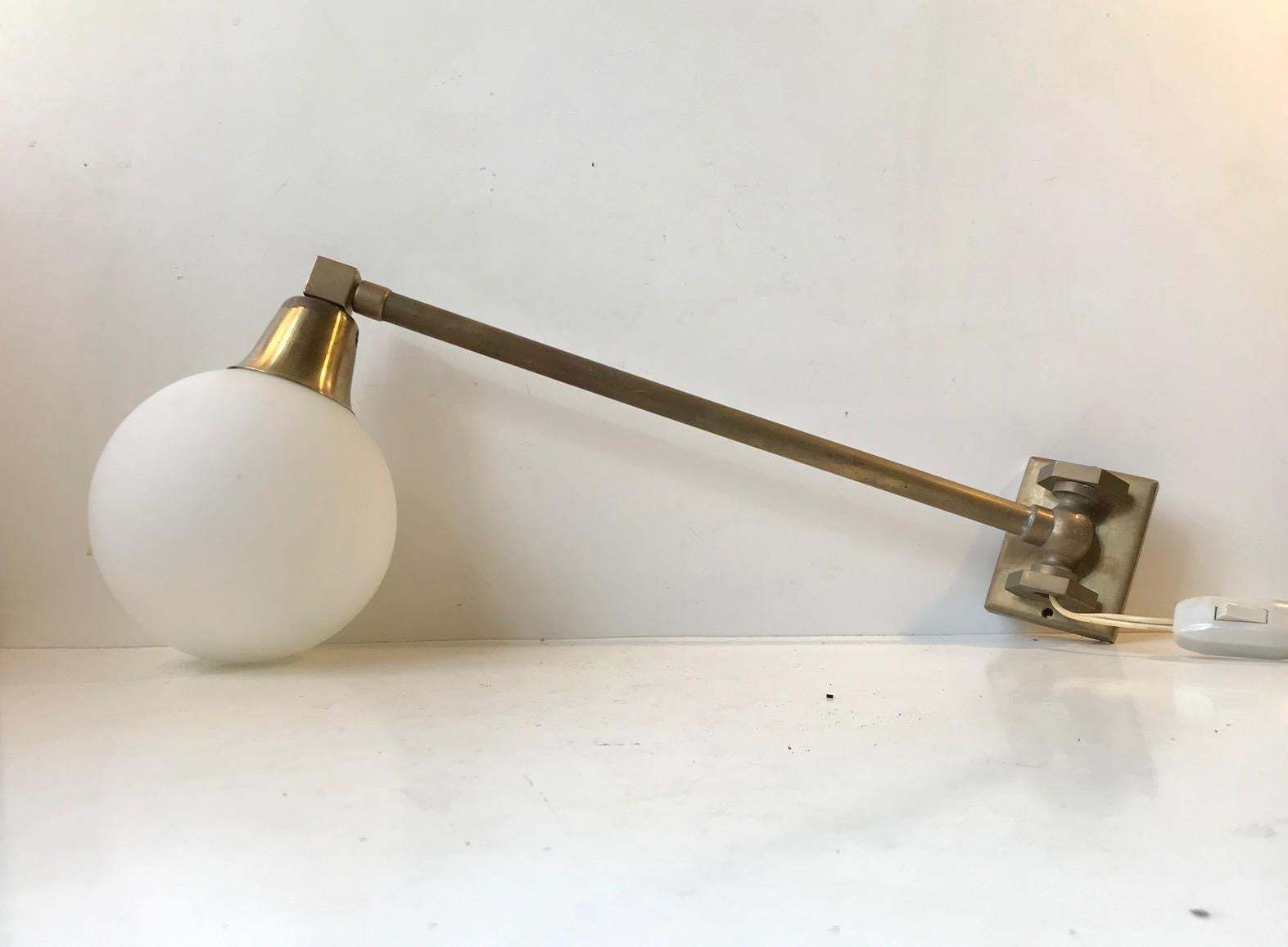 Scandinavian Modern Brass Swing Arm Wall Sconce With Opaline Sphere, 1960s photo Lighting