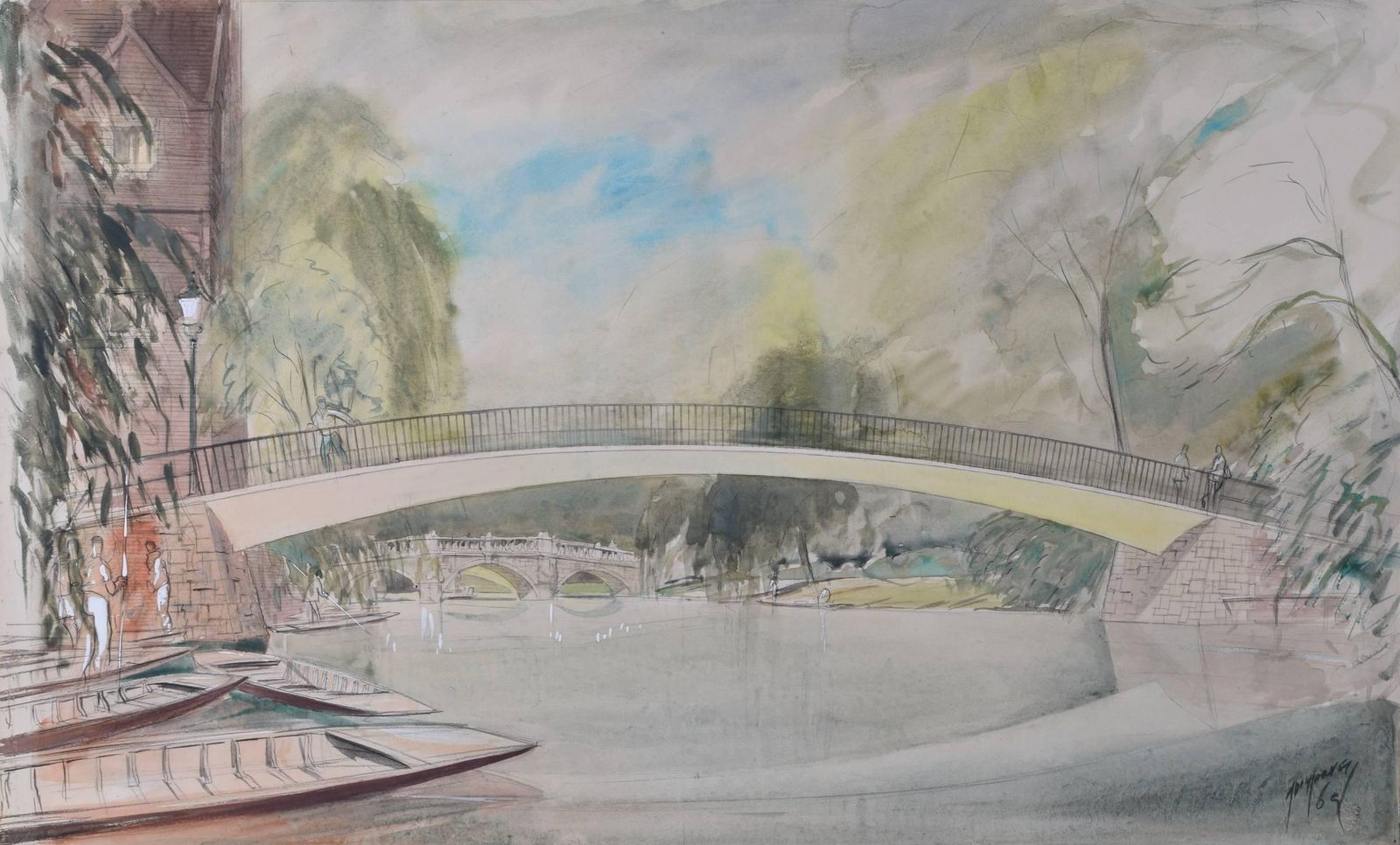 John Dean Monroe Harvey  'Garret Hostel Bridge & Trinity Hall College' Watercolour (1969)