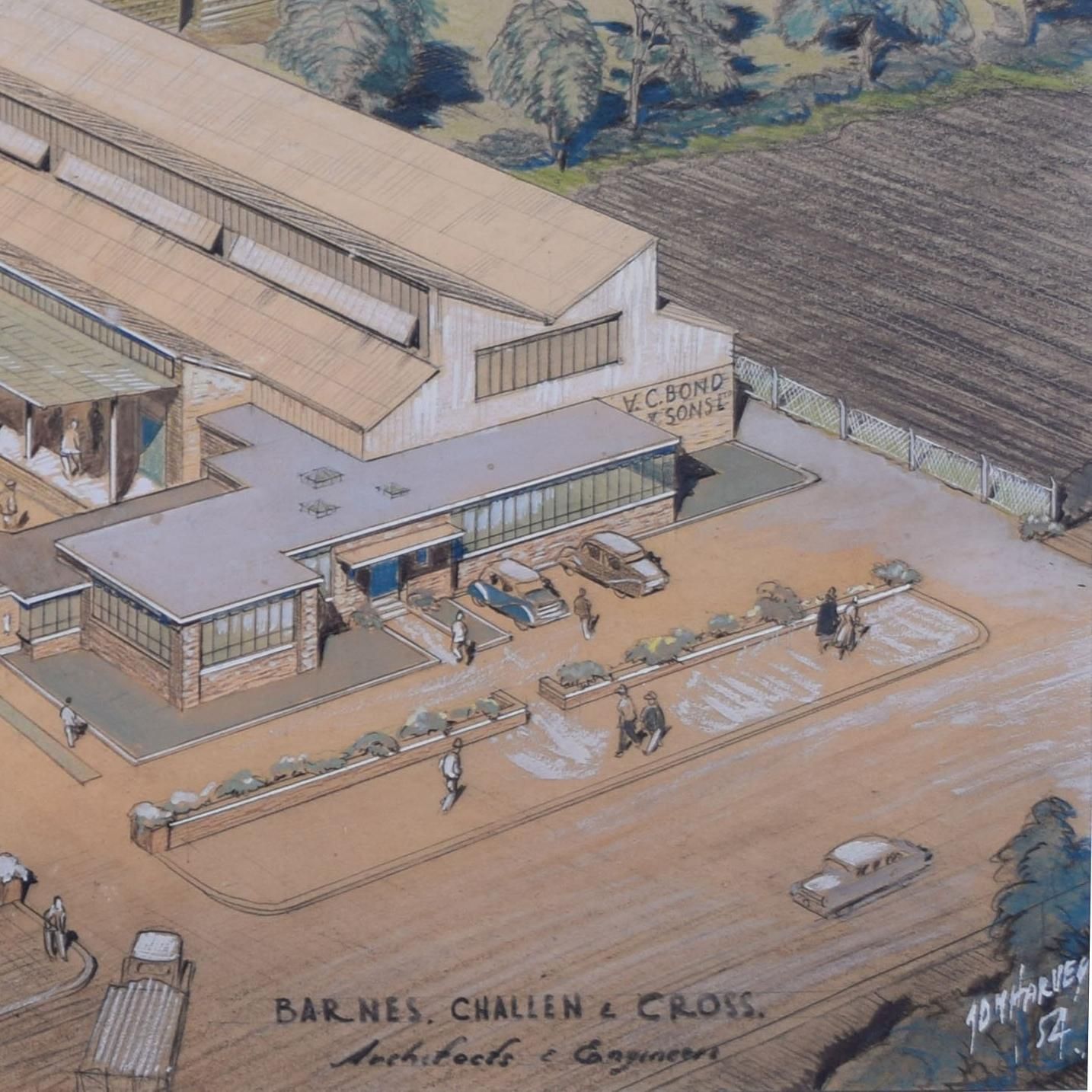 John Dean Monroe Harvey,  Architectural Drawing Design For Factory (1954) photo for sale