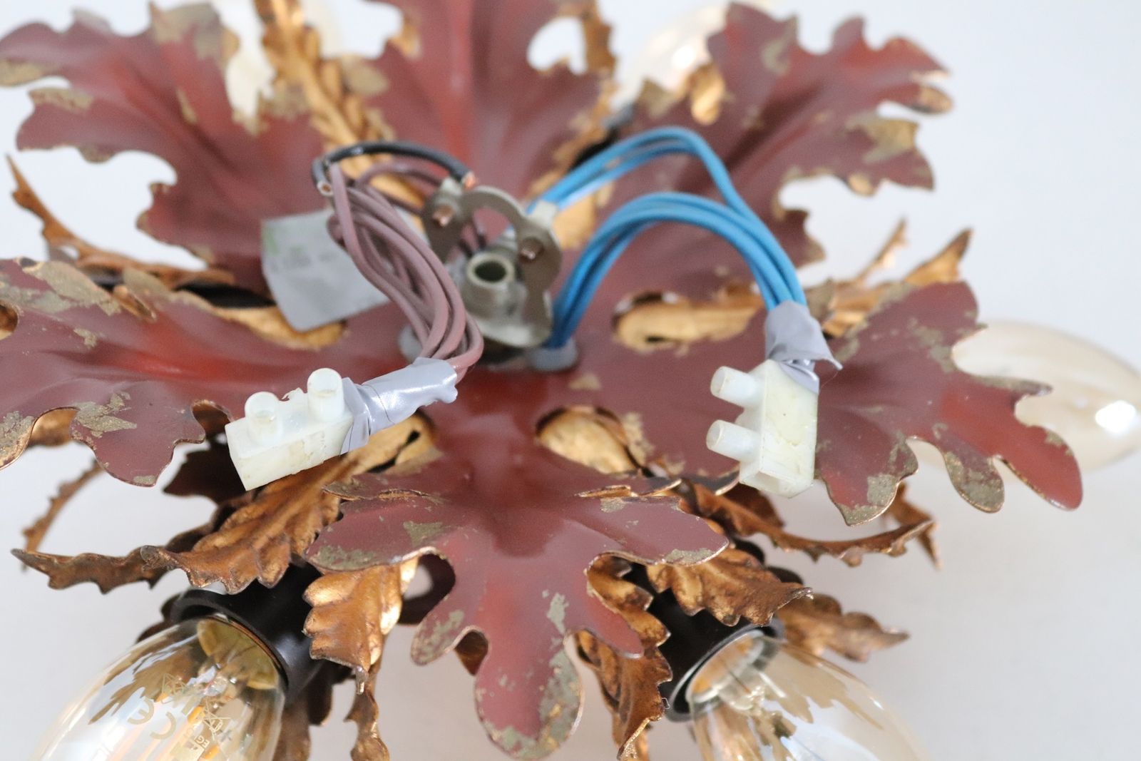 Italian Mid Century Flush Mount Light Or Ceiling Lamp In Metal With Gilt Leaves For 6 Light Bulbs By Banci Florence, 1970s photo 1289.6