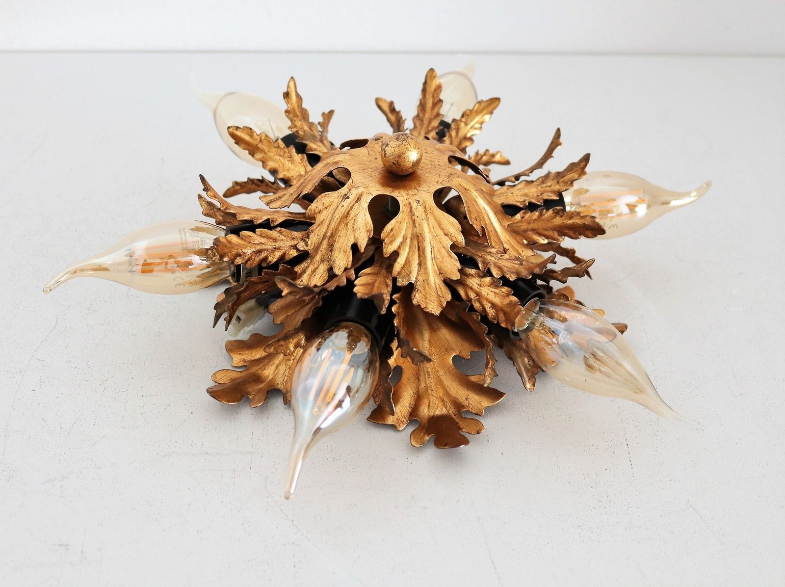Italian Mid Century Flush Mount Light Or Ceiling Lamp In Metal With Gilt Leaves For 6 Light Bulbs By Banci Florence, 1970s photo vinterior