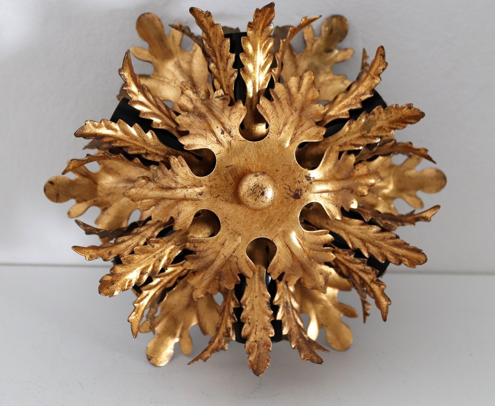 Italian Mid Century Flush Mount Light Or Ceiling Lamp In Metal With Gilt Leaves For 6 Light Bulbs By Banci Florence, 1970s photo furniture