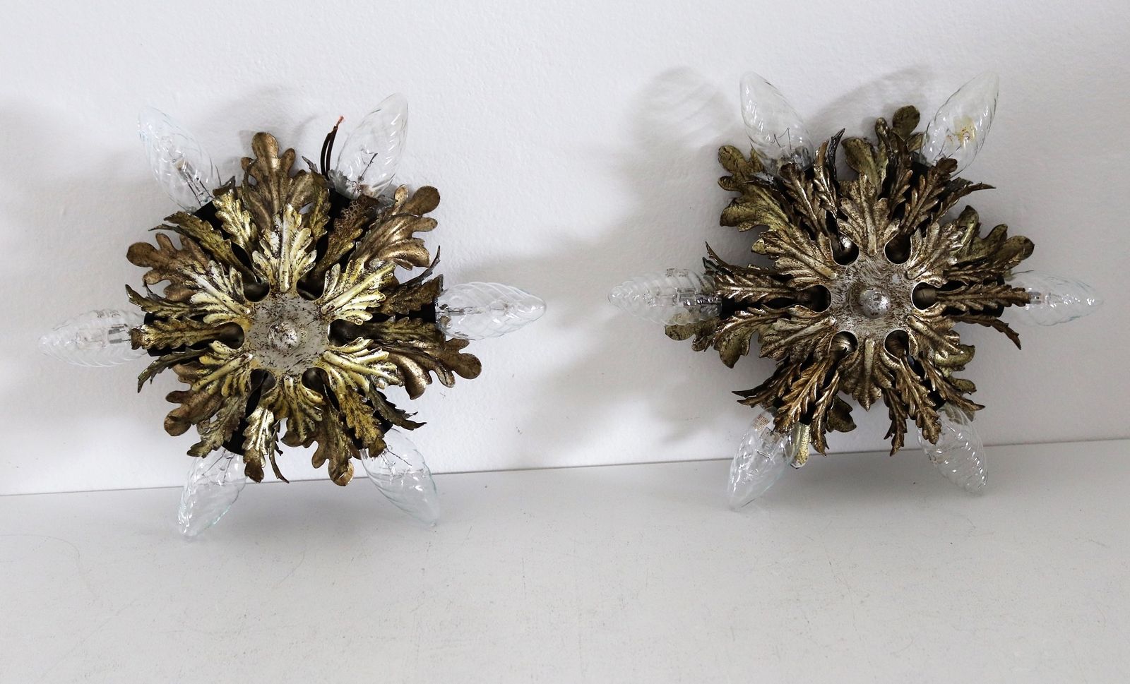 Italian Mid Century Flush Mount Light Or Ceiling Lamp In Metal With Gilt Leaves For 6 Light Bulbs By Banci Florence, 1970s, Set Of 2 photo for sale