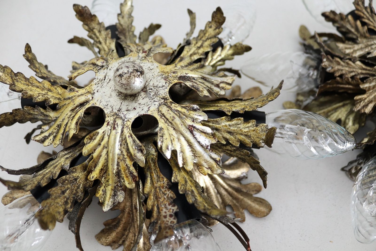 Italian Mid Century Flush Mount Light Or Ceiling Lamp In Metal With Gilt Leaves For 6 Light Bulbs By Banci Florence, 1970s, Set Of 2 photo 2579.2