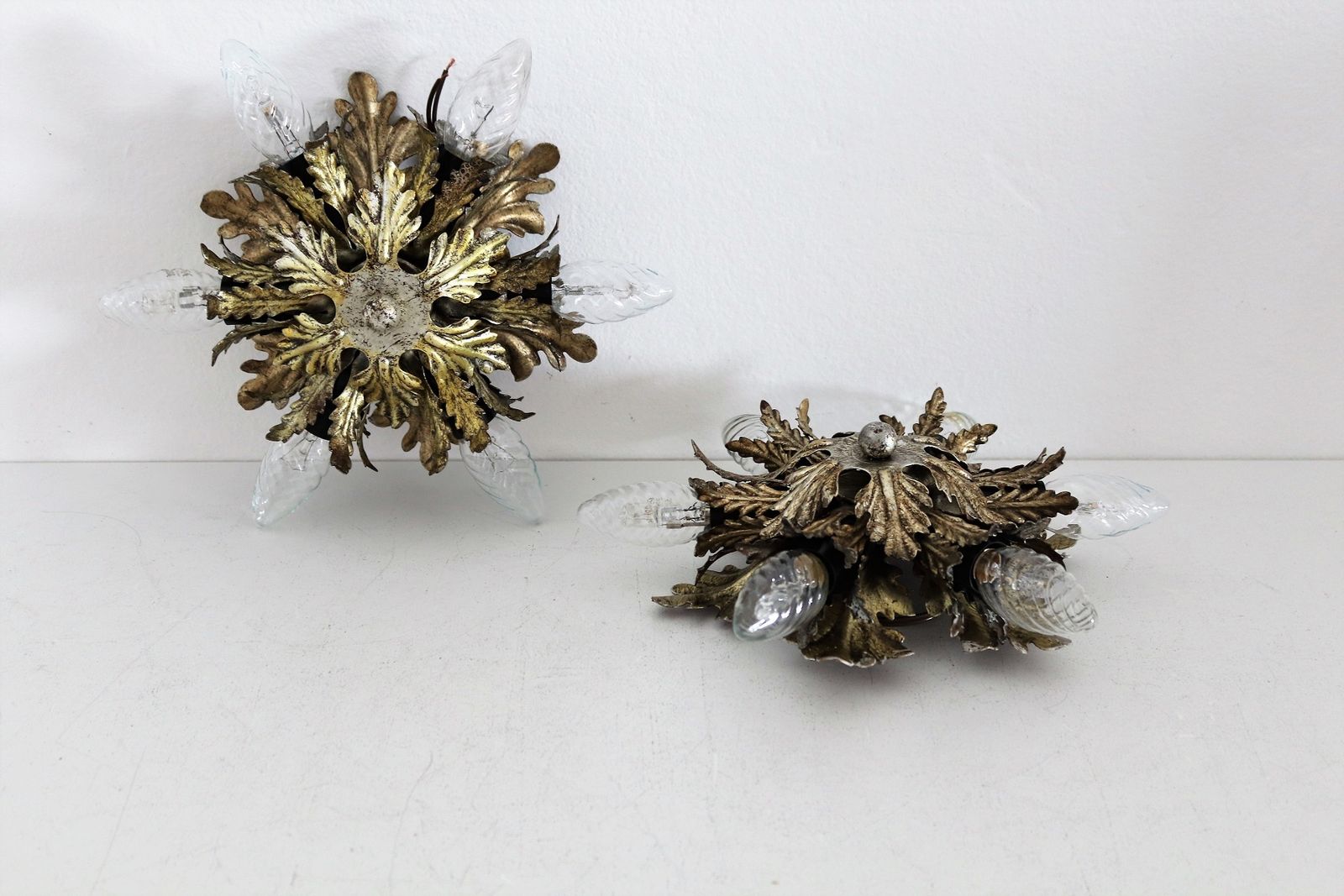 photo furniture Italian Mid Century Flush Mount Light Or Ceiling Lamp In Metal With Gilt Leaves For 6 Light Bulbs By Banci Florence, 1970s, Set Of 2