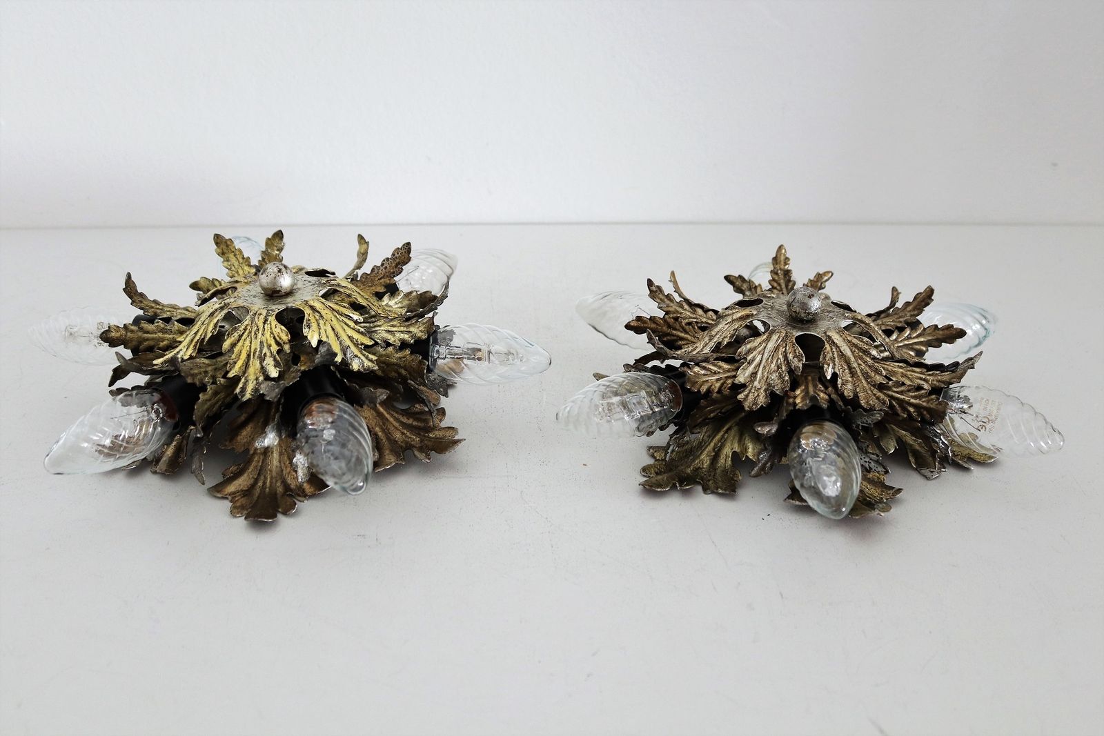 photo vinterior Italian Mid Century Flush Mount Light Or Ceiling Lamp In Metal With Gilt Leaves For 6 Light Bulbs By Banci Florence, 1970s, Set Of 2