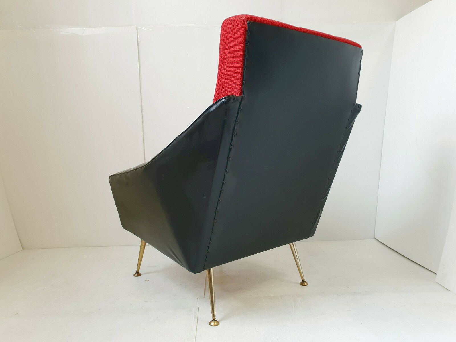 1950 1960 Armchair In Black Skai & Red Wool And Golden Brass photo for sale