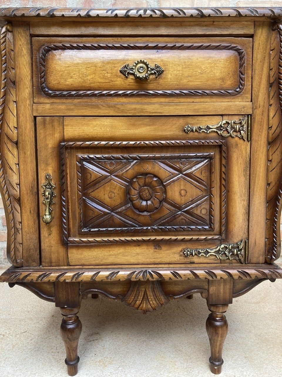 Pair Of Early Century Carved Oak Nightstand, 1940s photo furniture